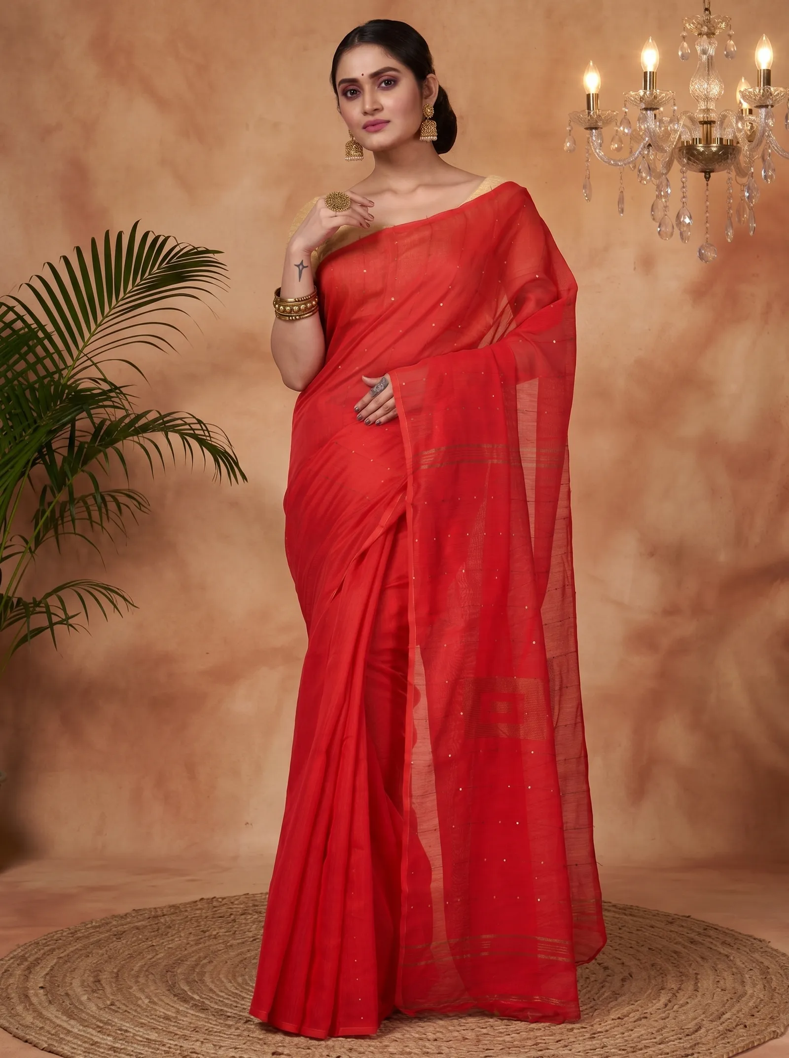 DipDiya Blended Cotton  Traditional Bengali Red Artisan Crafted Sequence Handloom Saree