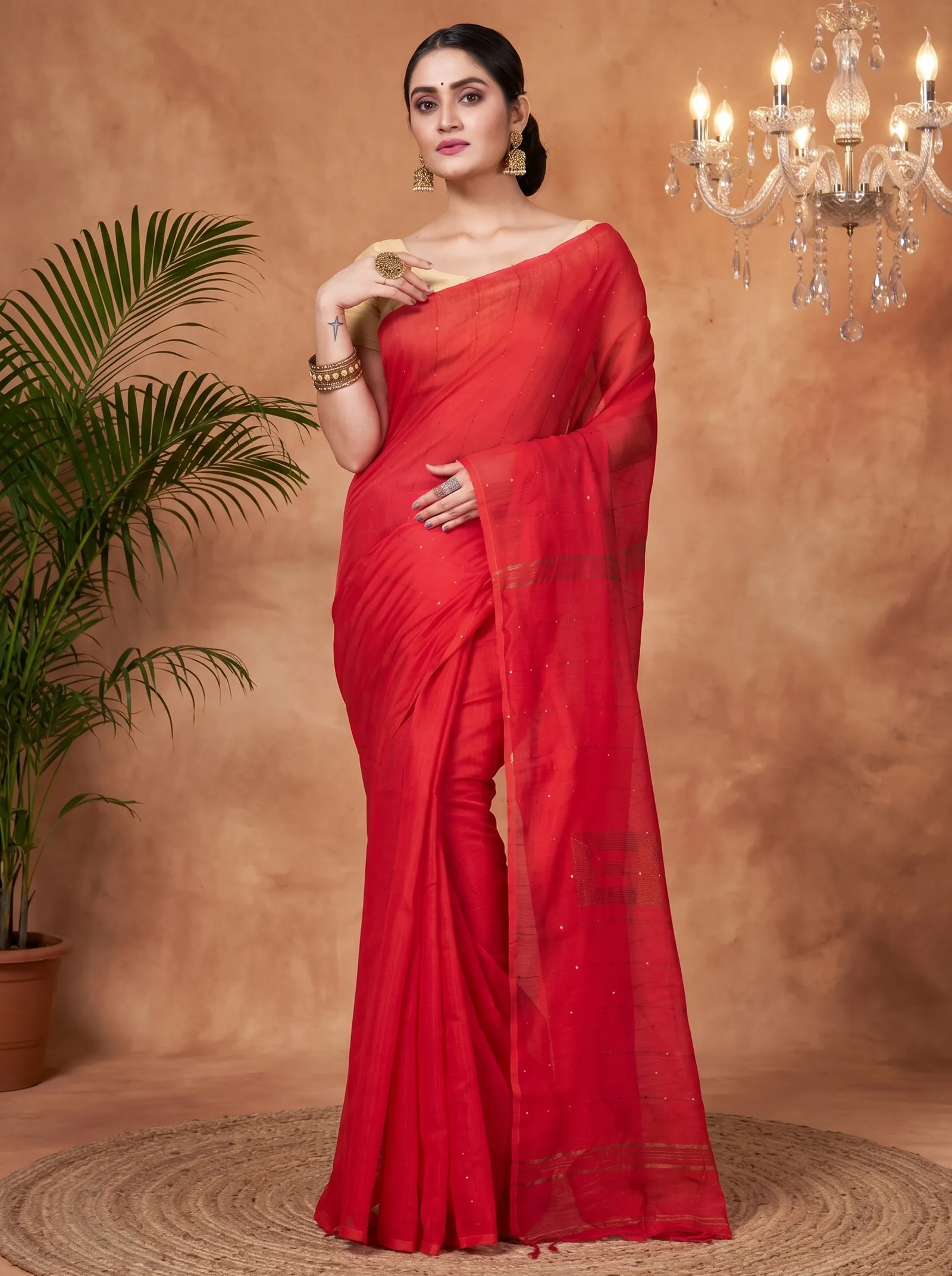 DipDiya Blended Cotton  Traditional Bengali Red Artisan Crafted Sequence Handloom Saree