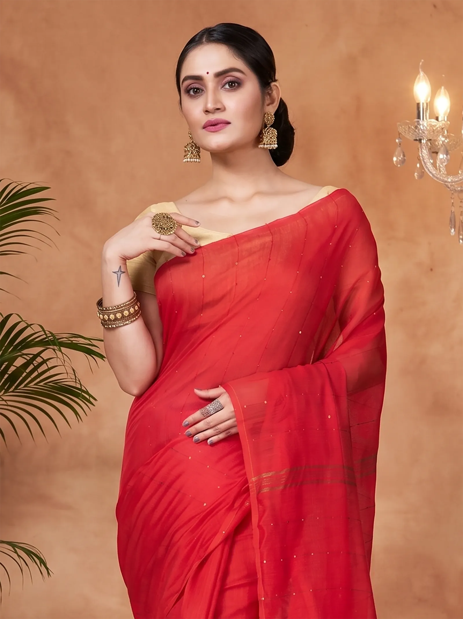 DipDiya Blended Cotton  Traditional Bengali Red Artisan Crafted Sequence Handloom Saree