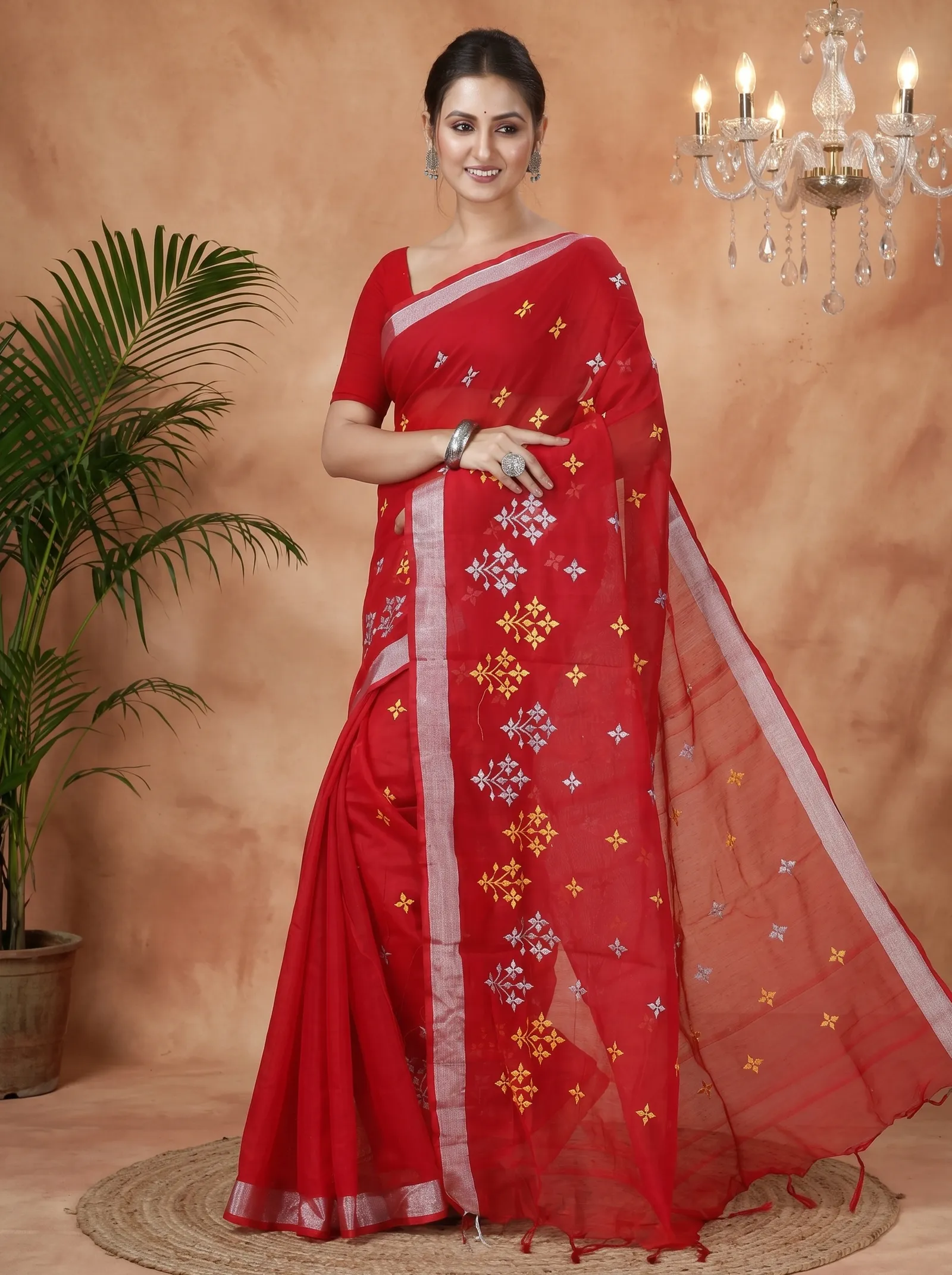 DipDiya Blended Cotton  Traditional Bengali Red Artisan Crafted Tamasi Handloom Saree