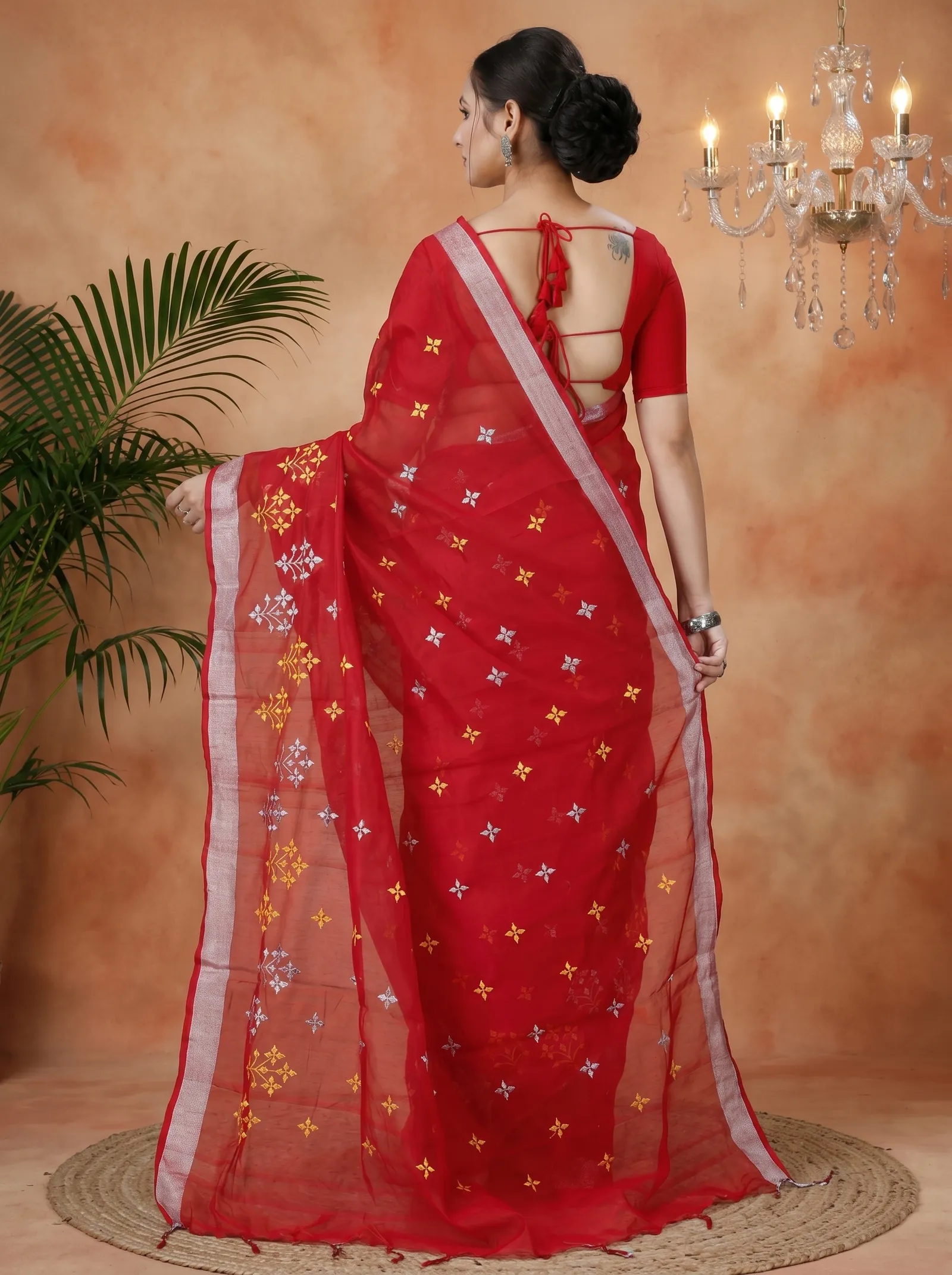 DipDiya Blended Cotton  Traditional Bengali Red Artisan Crafted Tamasi Handloom Saree