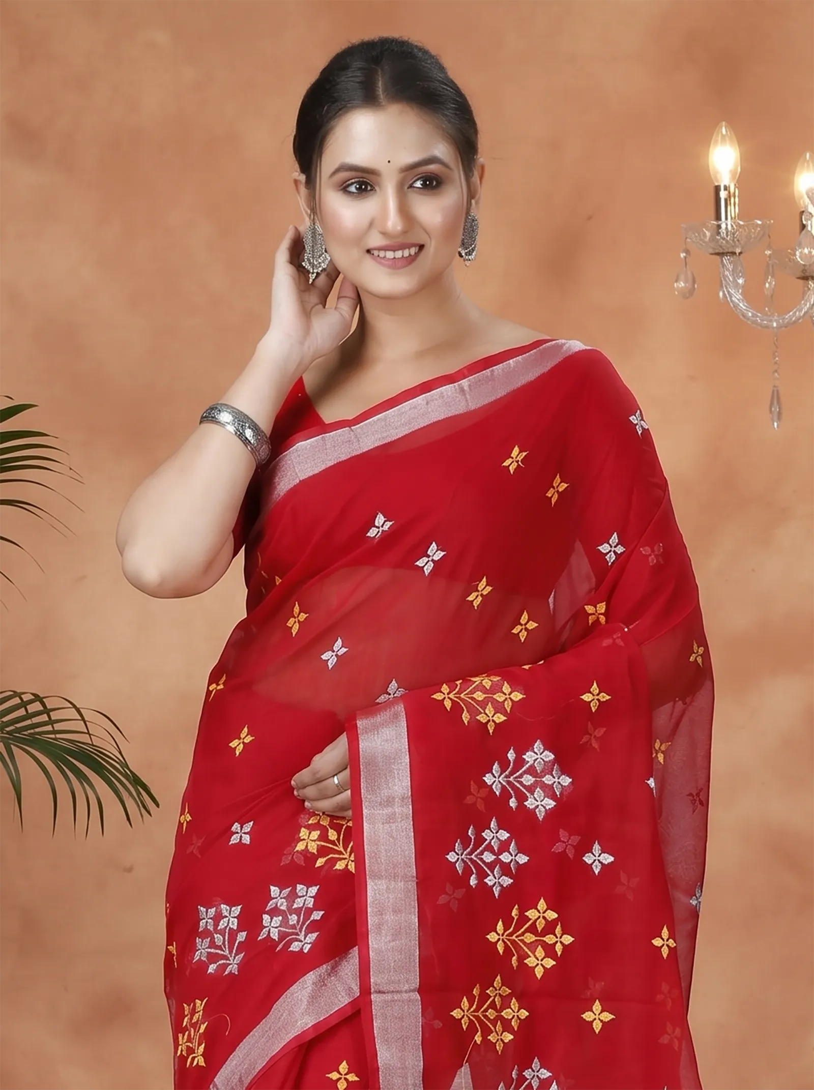 DipDiya Blended Cotton  Traditional Bengali Red Artisan Crafted Tamasi Handloom Saree