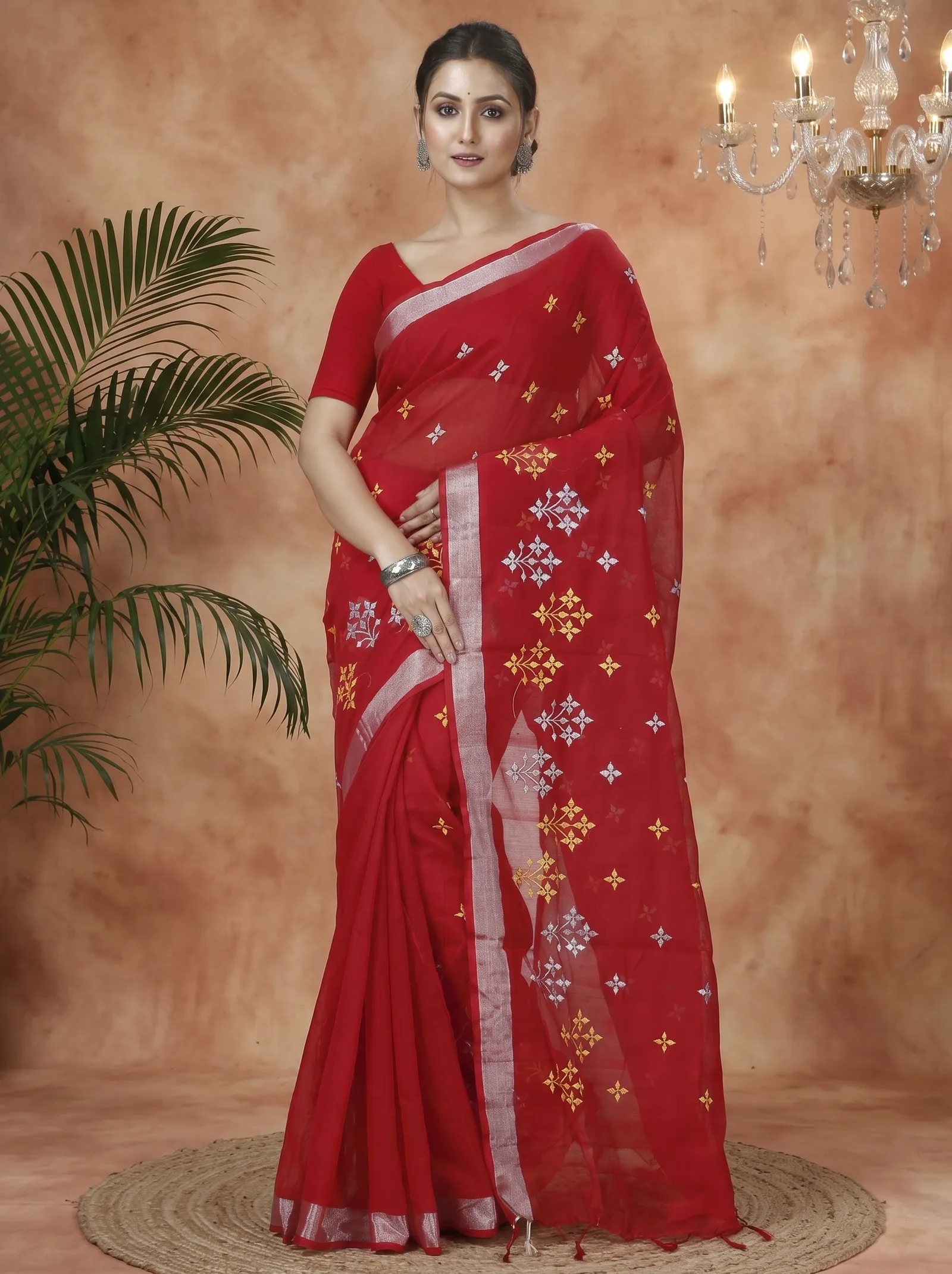 DipDiya Blended Cotton  Traditional Bengali Red Artisan Crafted Tamasi Handloom Saree