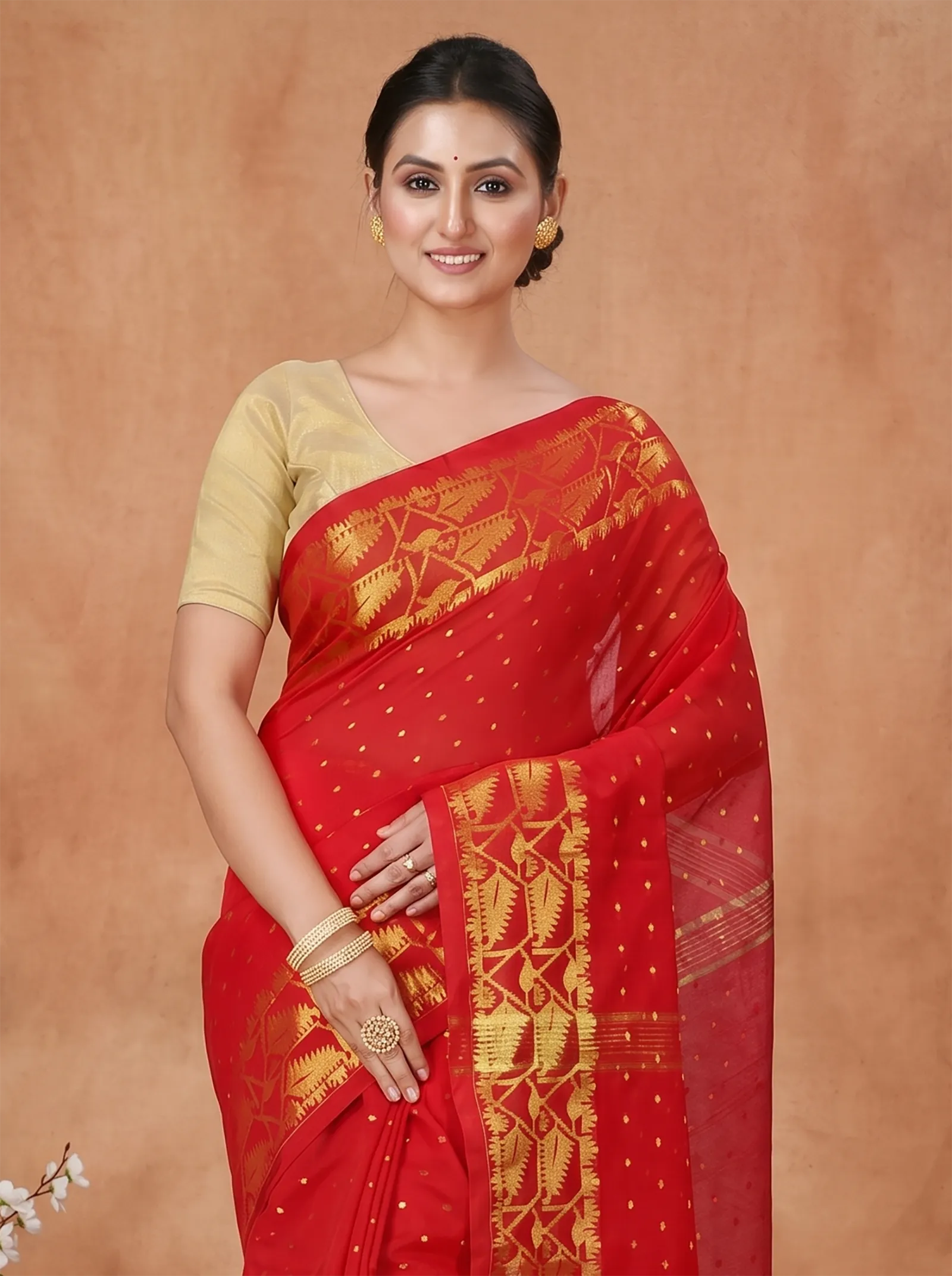 DipDiya Blended Cotton  Traditional Bengali Red Artisan Crafted Temo Handloom Saree