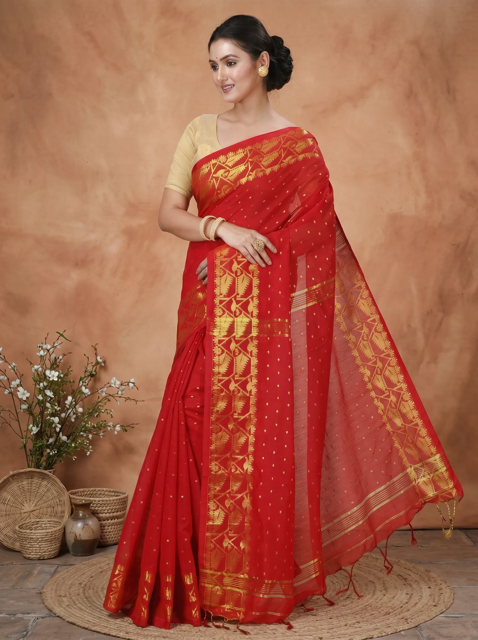 DipDiya Blended Cotton  Traditional Bengali Red Artisan Crafted Temo Handloom Saree