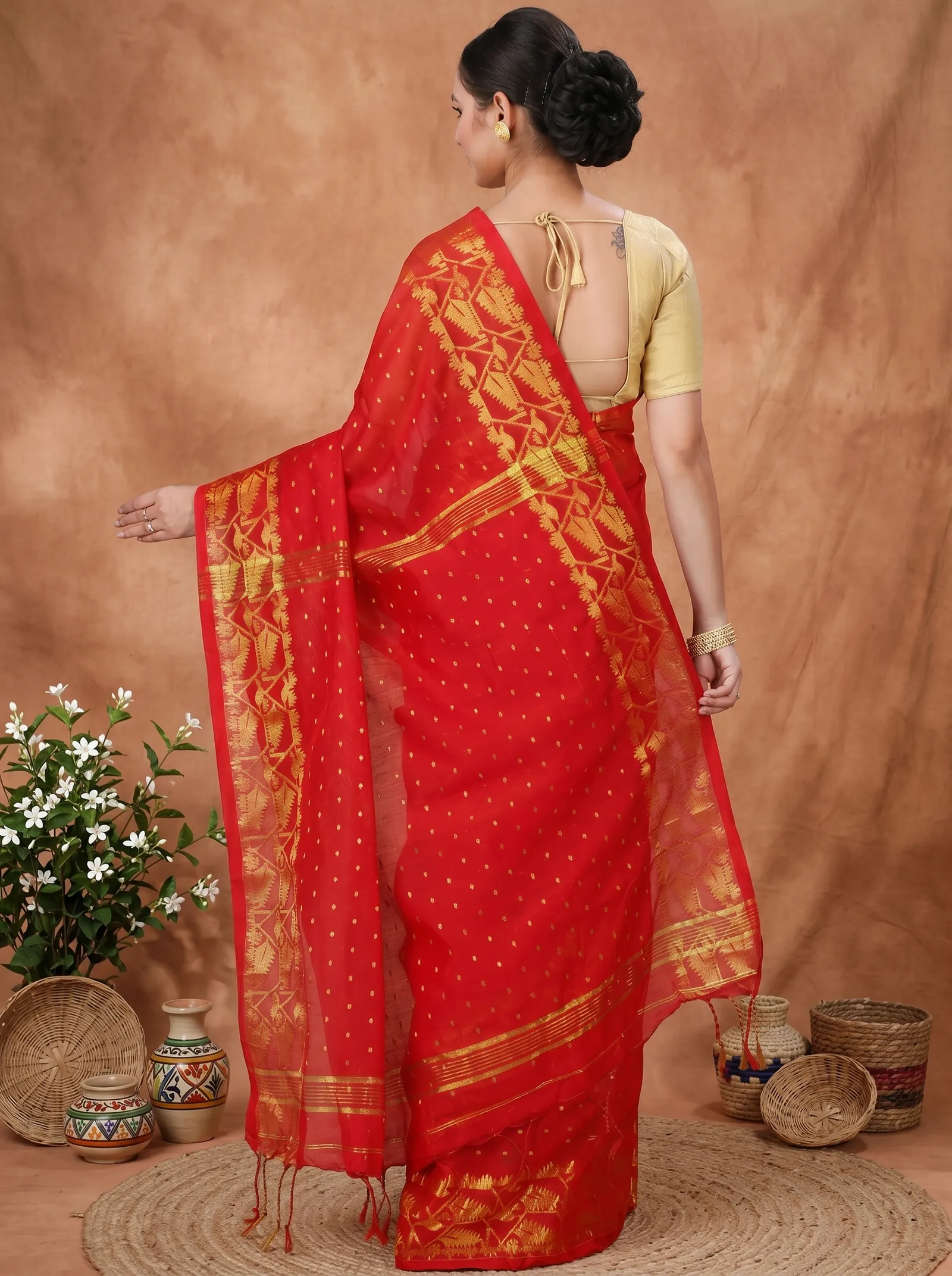 DipDiya Blended Cotton  Traditional Bengali Red Artisan Crafted Temo Handloom Saree