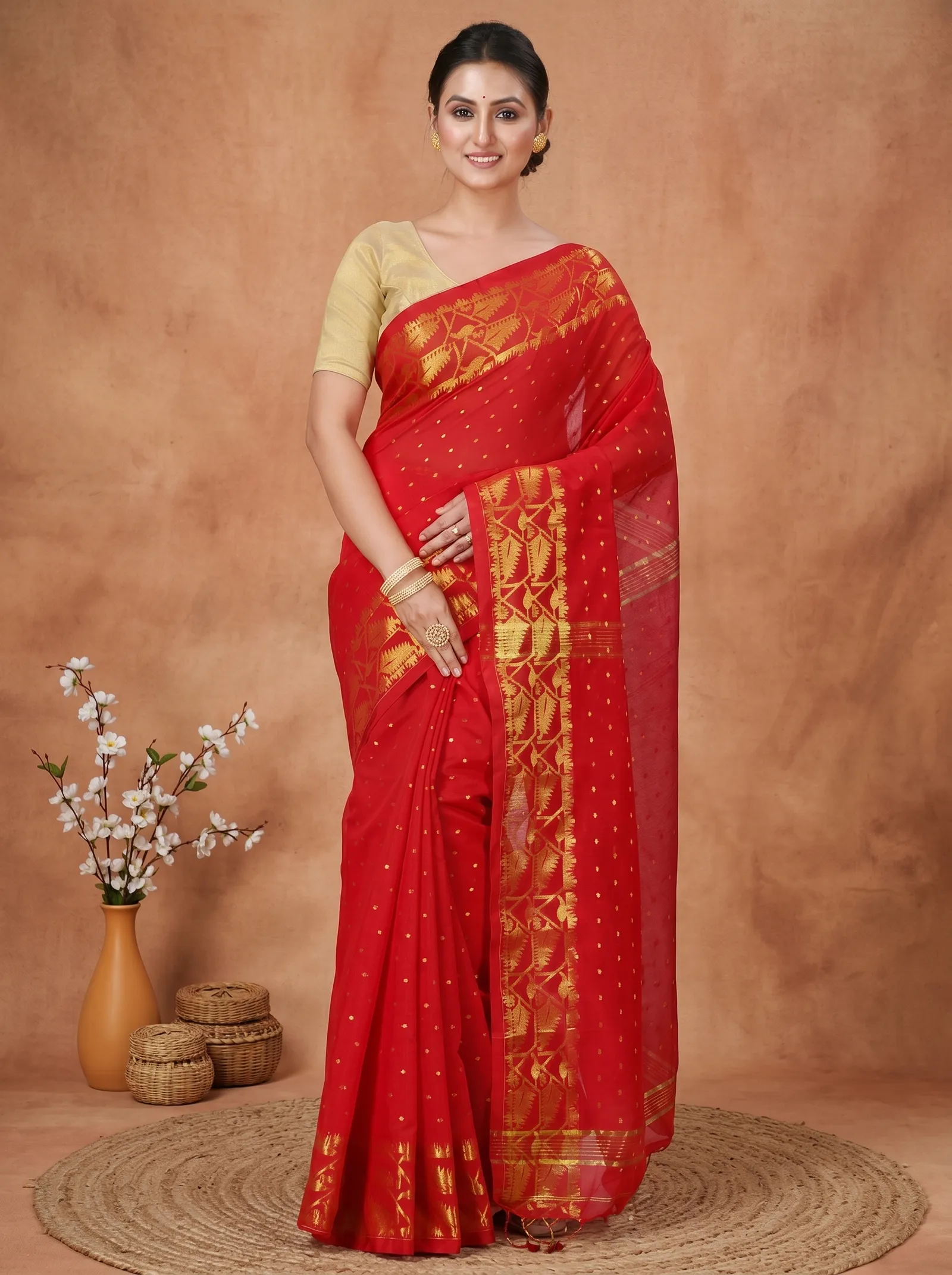 DipDiya Blended Cotton  Traditional Bengali Red Artisan Crafted Temo Handloom Saree