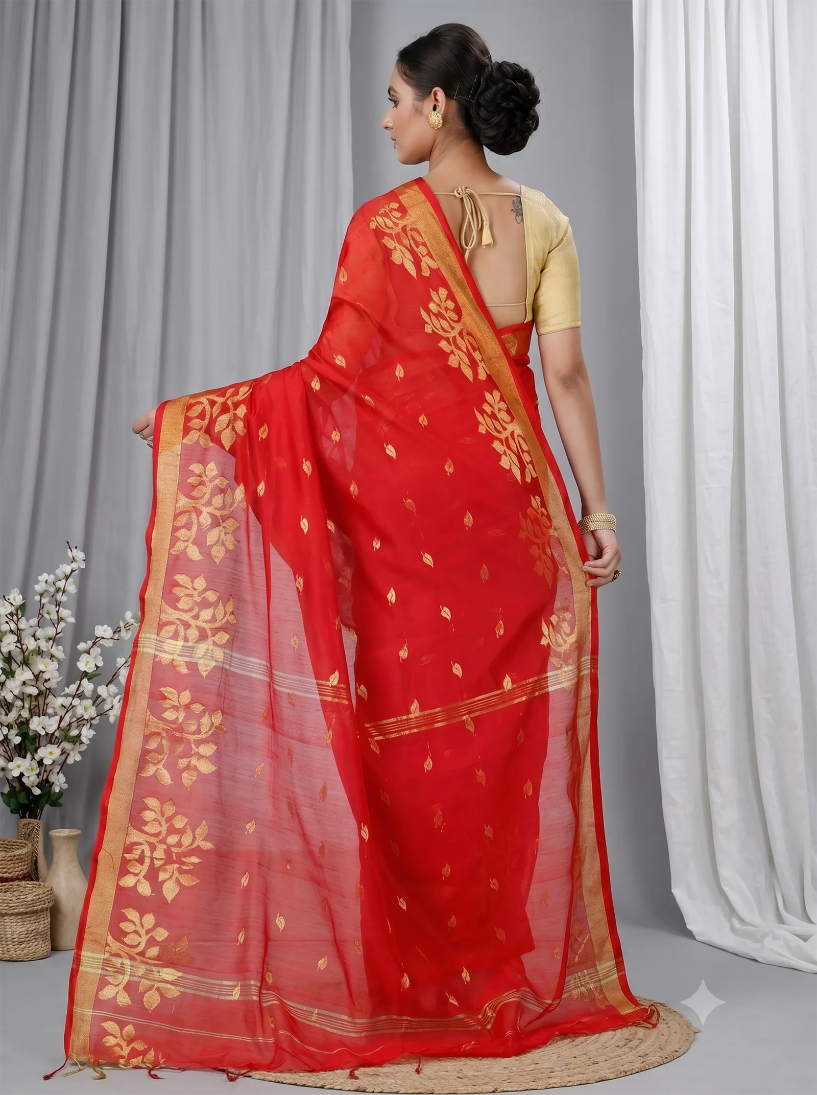 DipDiya Blended Cotton  Traditional Bengali Red Artisan Crafted Tina Handloom Saree