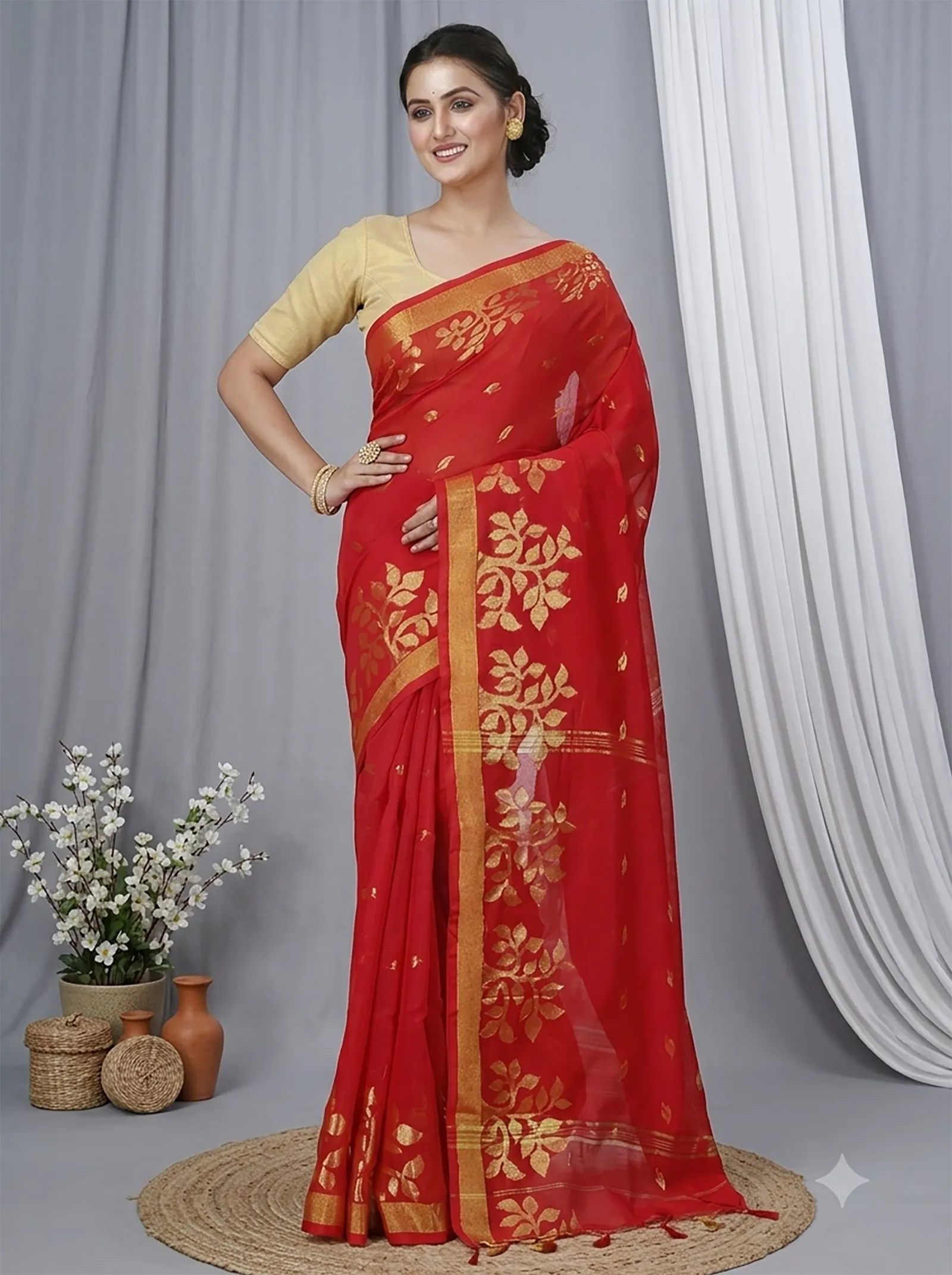 DipDiya Blended Cotton  Traditional Bengali Red Artisan Crafted Tina Handloom Saree
