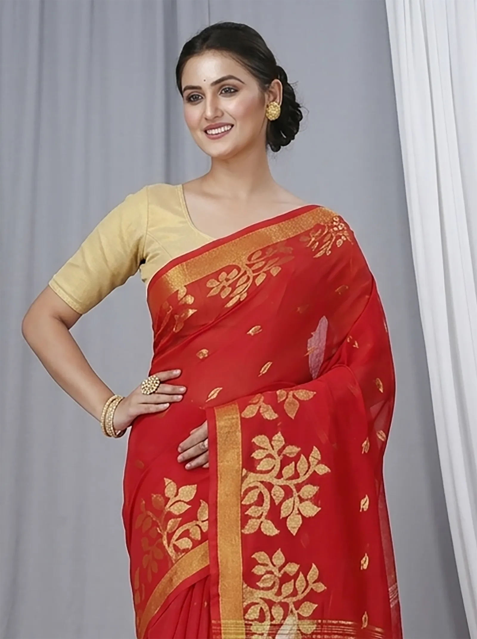 DipDiya Blended Cotton  Traditional Bengali Red Artisan Crafted Tina Handloom Saree