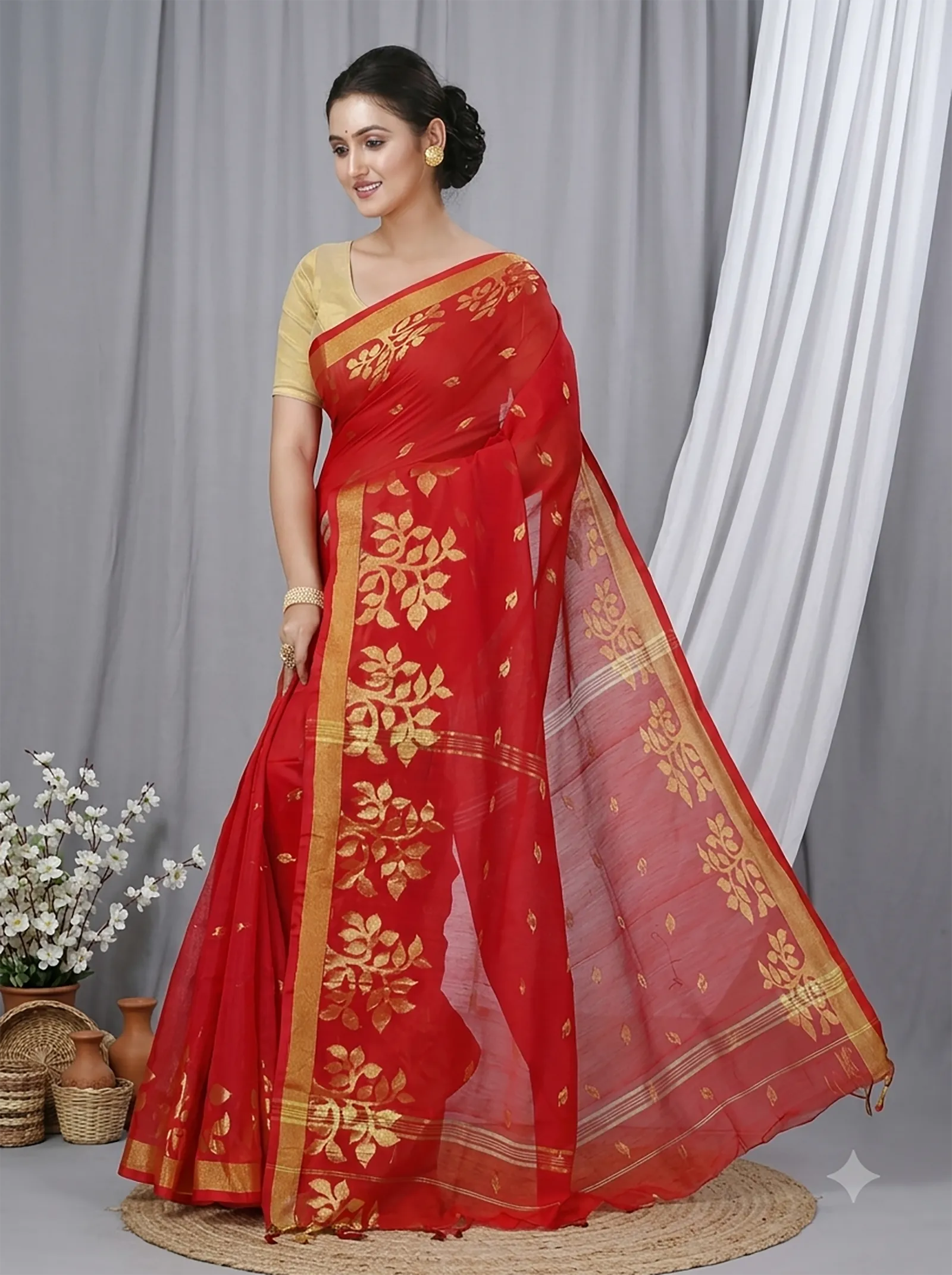 DipDiya Blended Cotton  Traditional Bengali Red Artisan Crafted Tina Handloom Saree