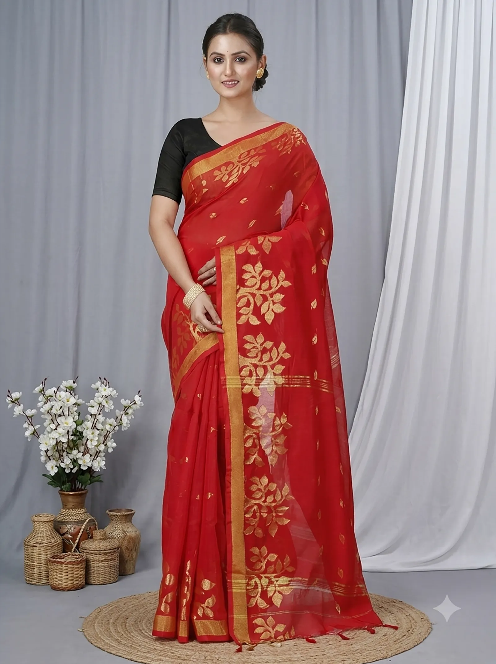 DipDiya Blended Cotton  Traditional Bengali Red Artisan Crafted Tina Handloom Saree