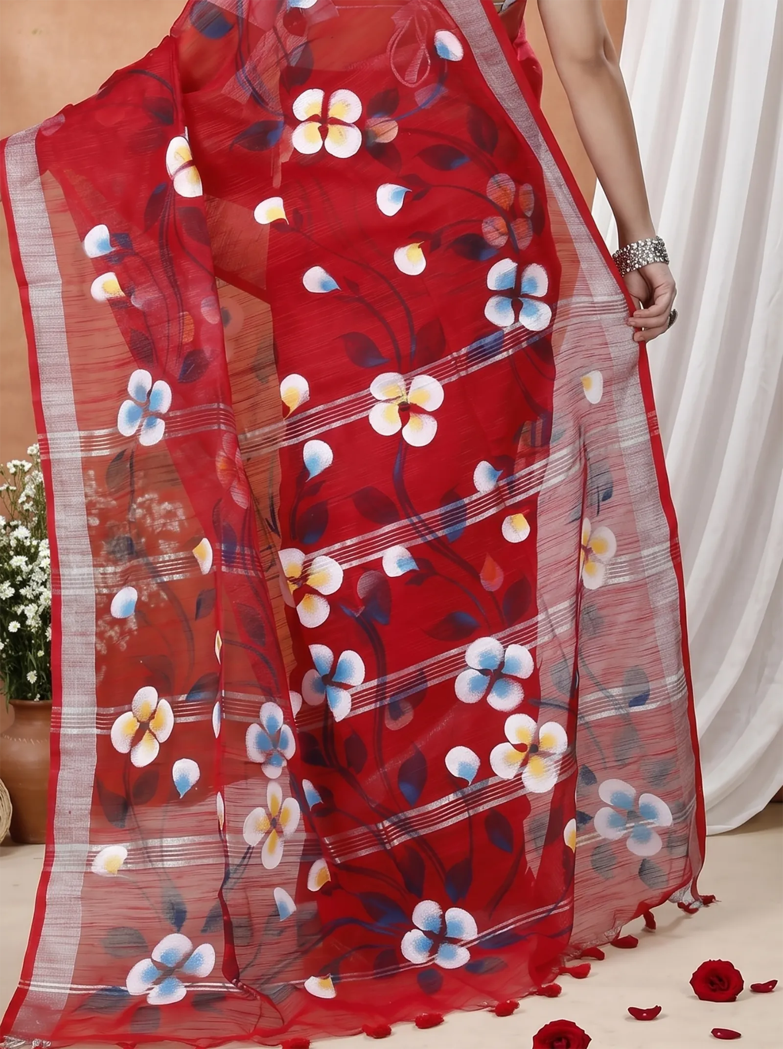 DipDiya Blended Cotton  Traditional Bengali Red Artisan Crafted Tonika Hand Painted Saree