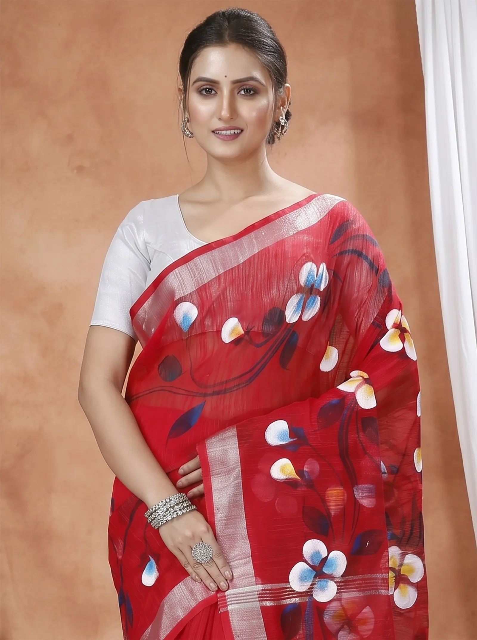 DipDiya Blended Cotton  Traditional Bengali Red Artisan Crafted Tonika Hand Painted Saree