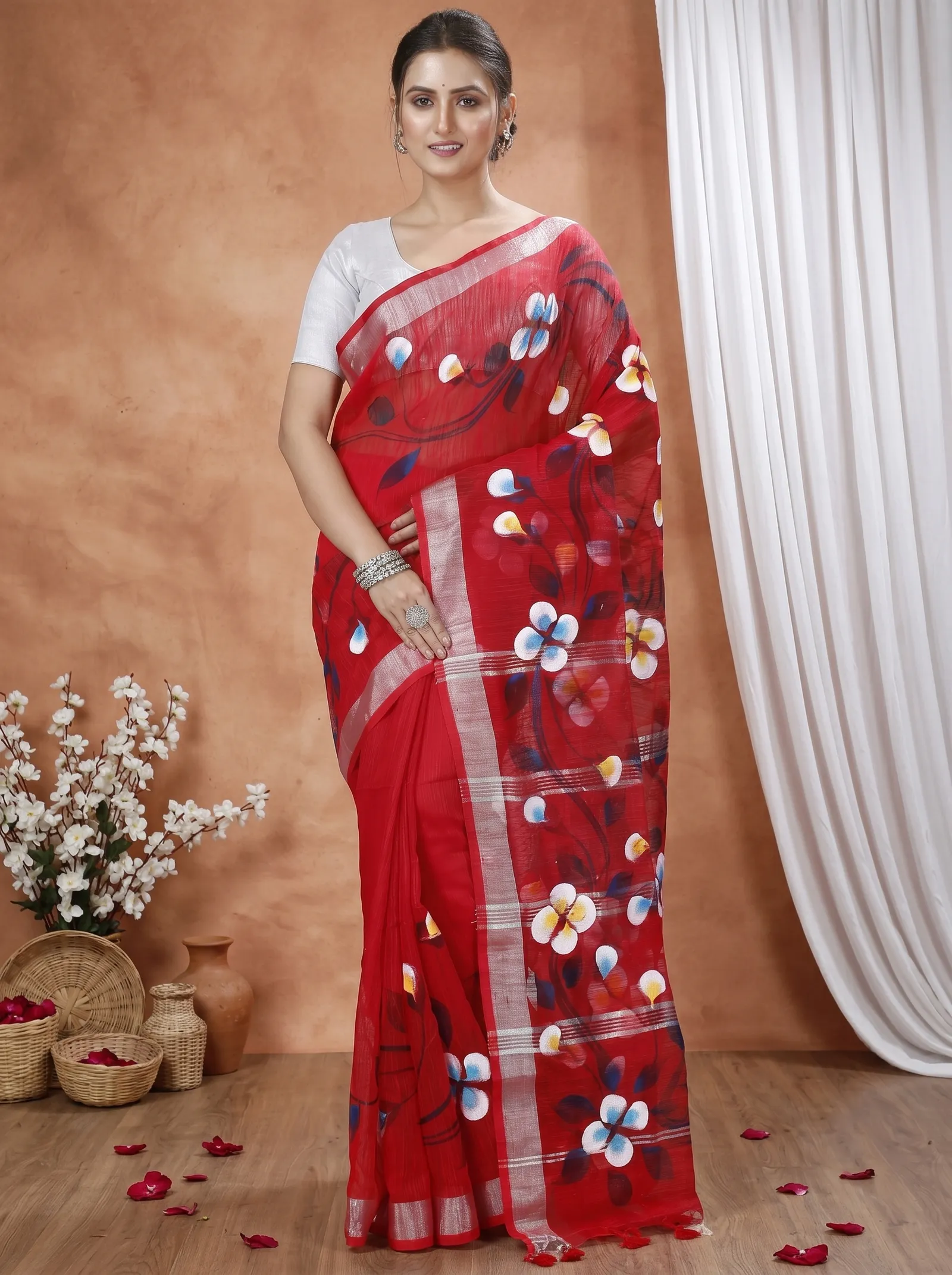DipDiya Blended Cotton  Traditional Bengali Red Artisan Crafted Tonika Hand Painted Saree