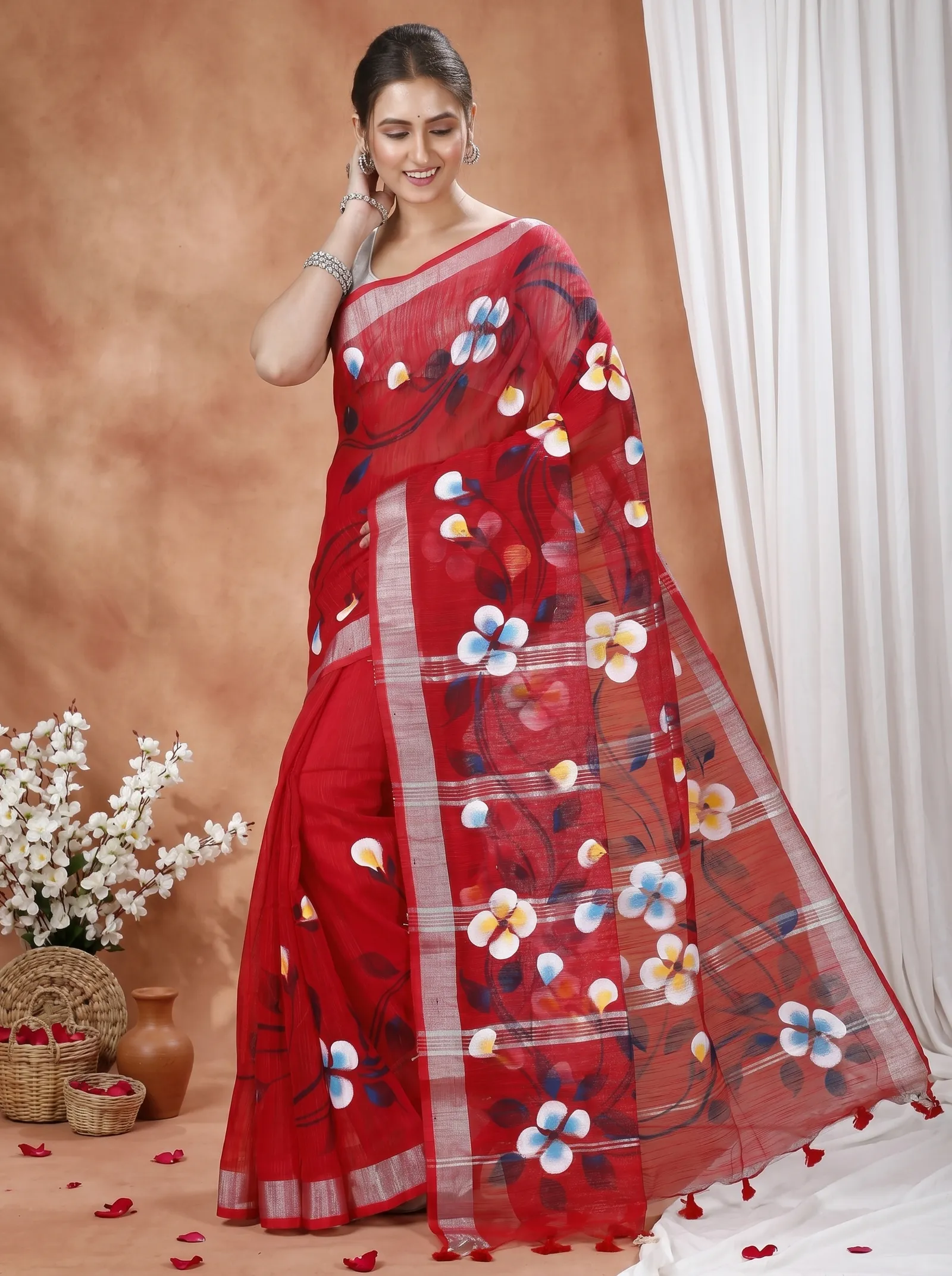 DipDiya Blended Cotton  Traditional Bengali Red Artisan Crafted Tonika Hand Painted Saree