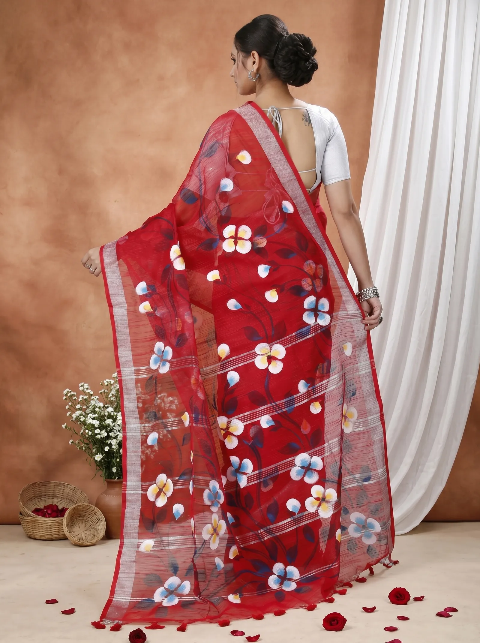 DipDiya Blended Cotton  Traditional Bengali Red Artisan Crafted Tonika Hand Painted Saree