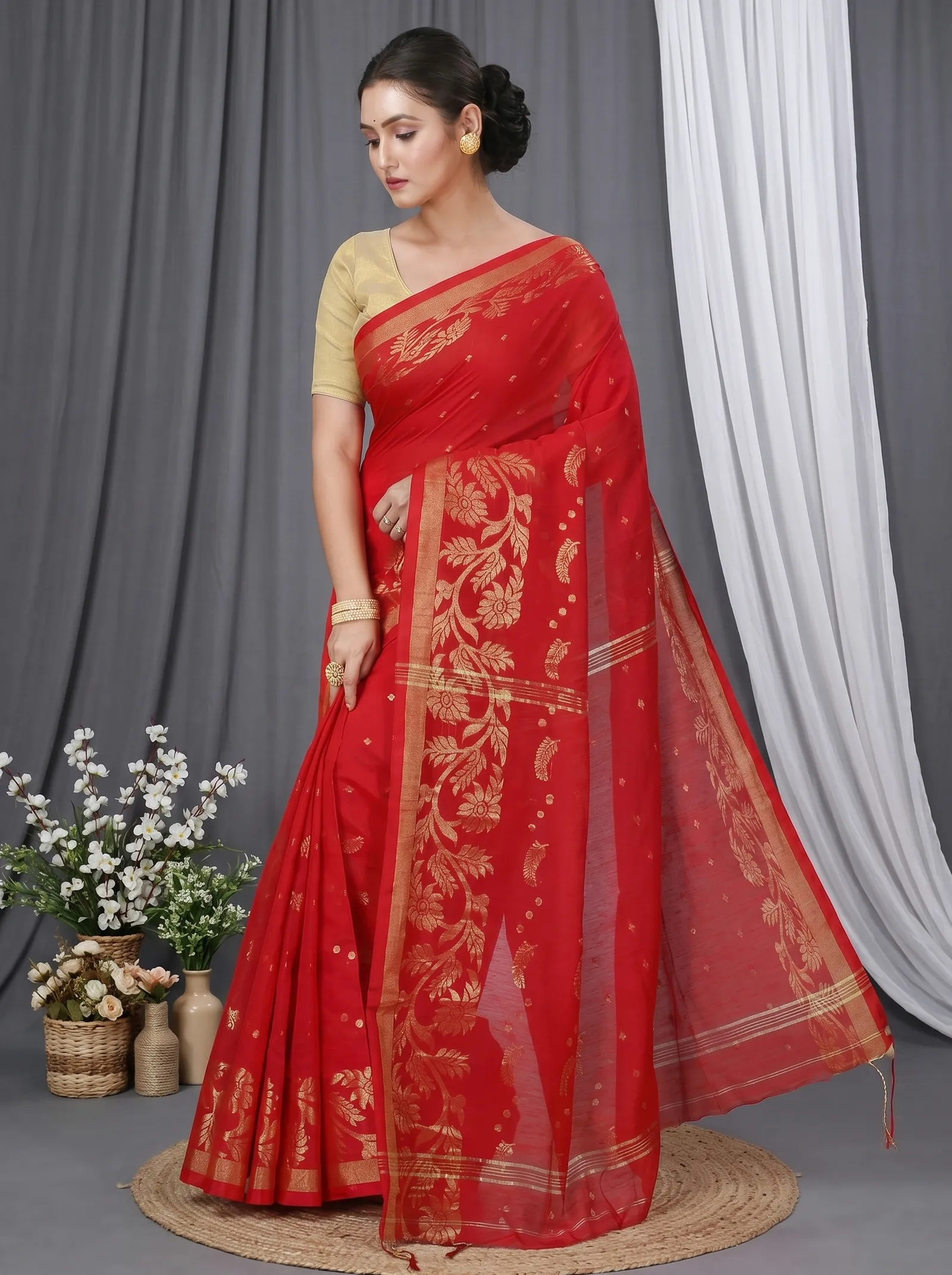 DipDiya Blended Cotton  Traditional Bengali Red Artisan Crafted Turik Handloom Saree