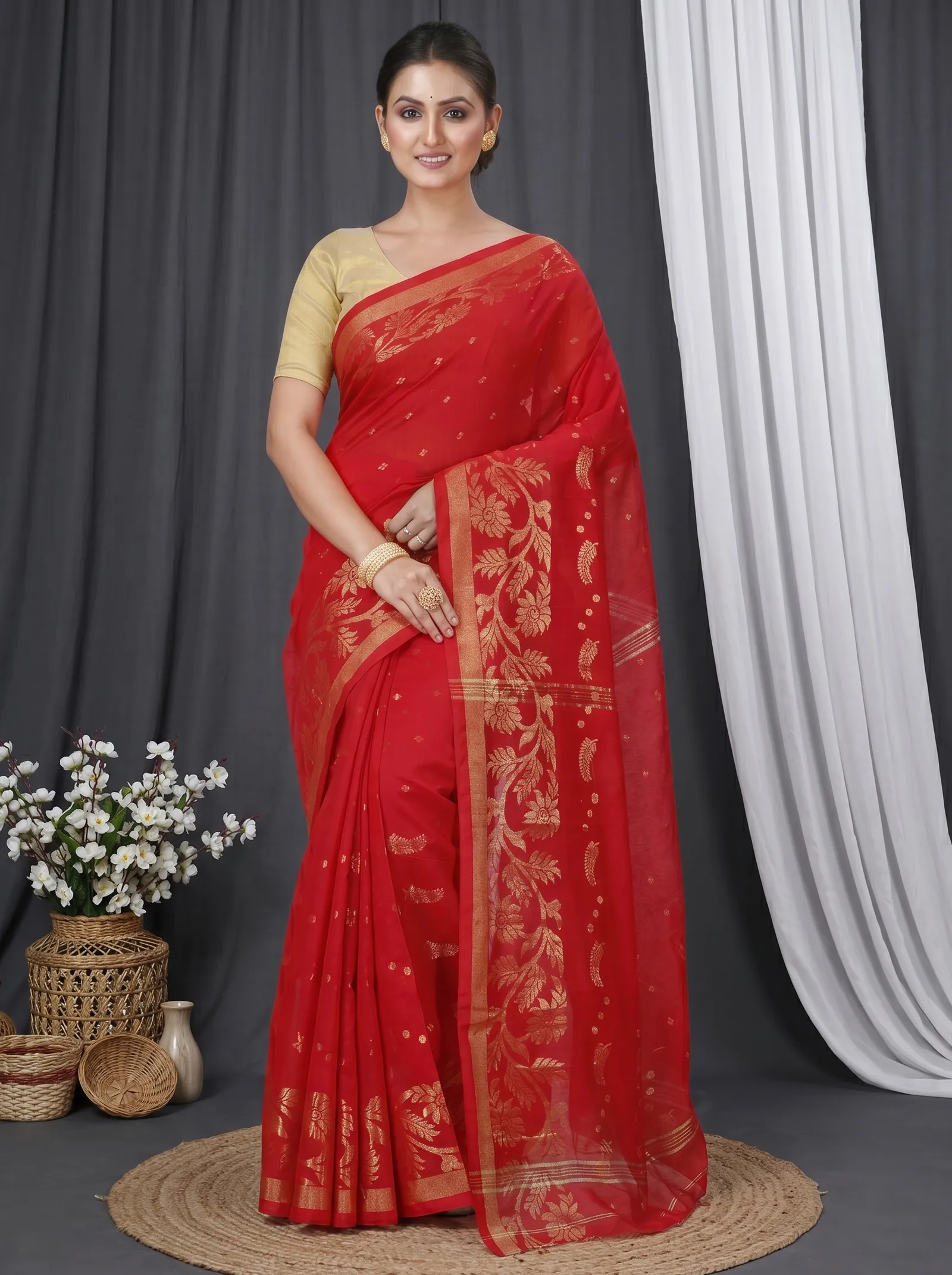 DipDiya Blended Cotton  Traditional Bengali Red Artisan Crafted Turik Handloom Saree