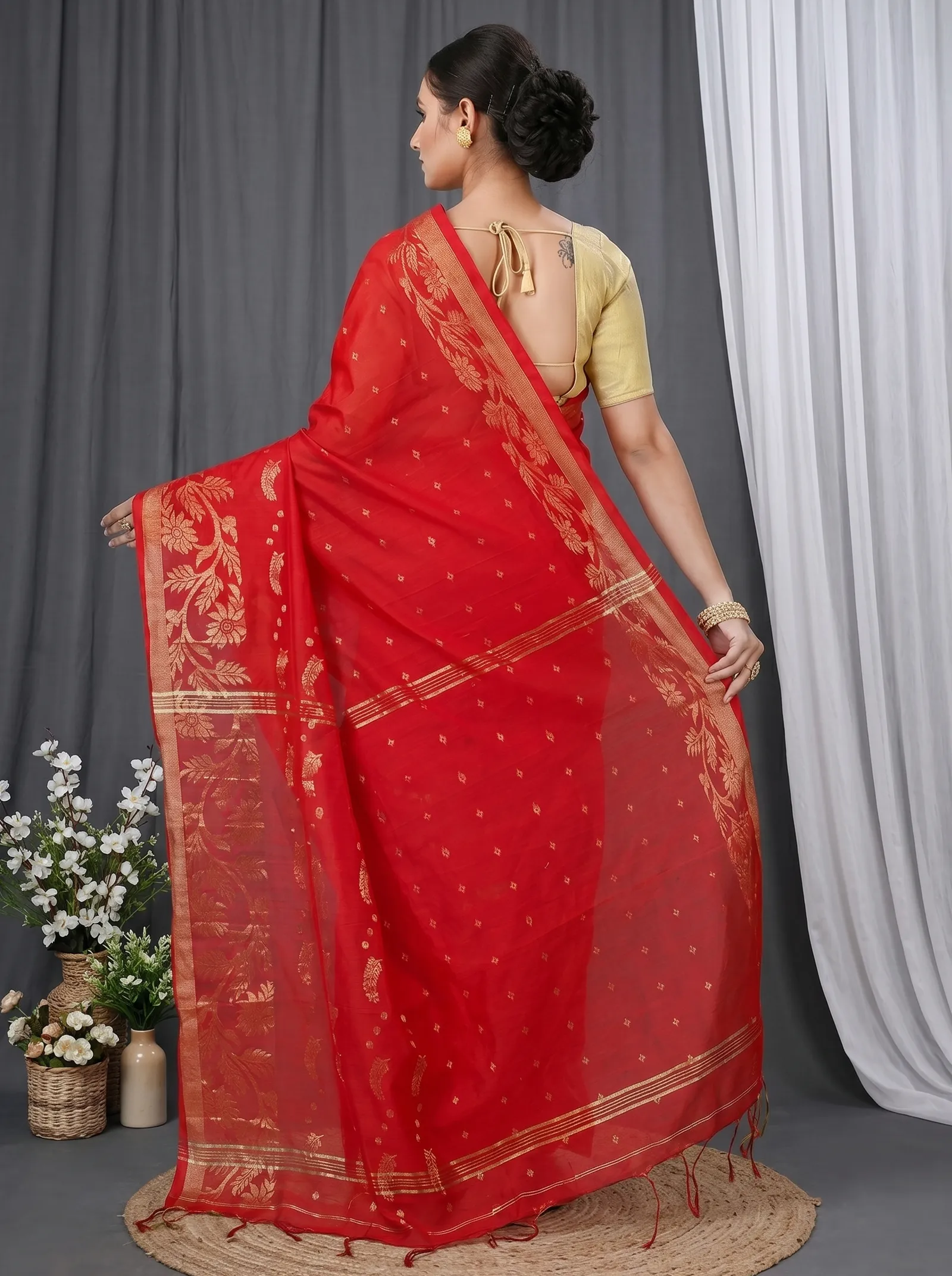 DipDiya Blended Cotton  Traditional Bengali Red Artisan Crafted Turik Handloom Saree