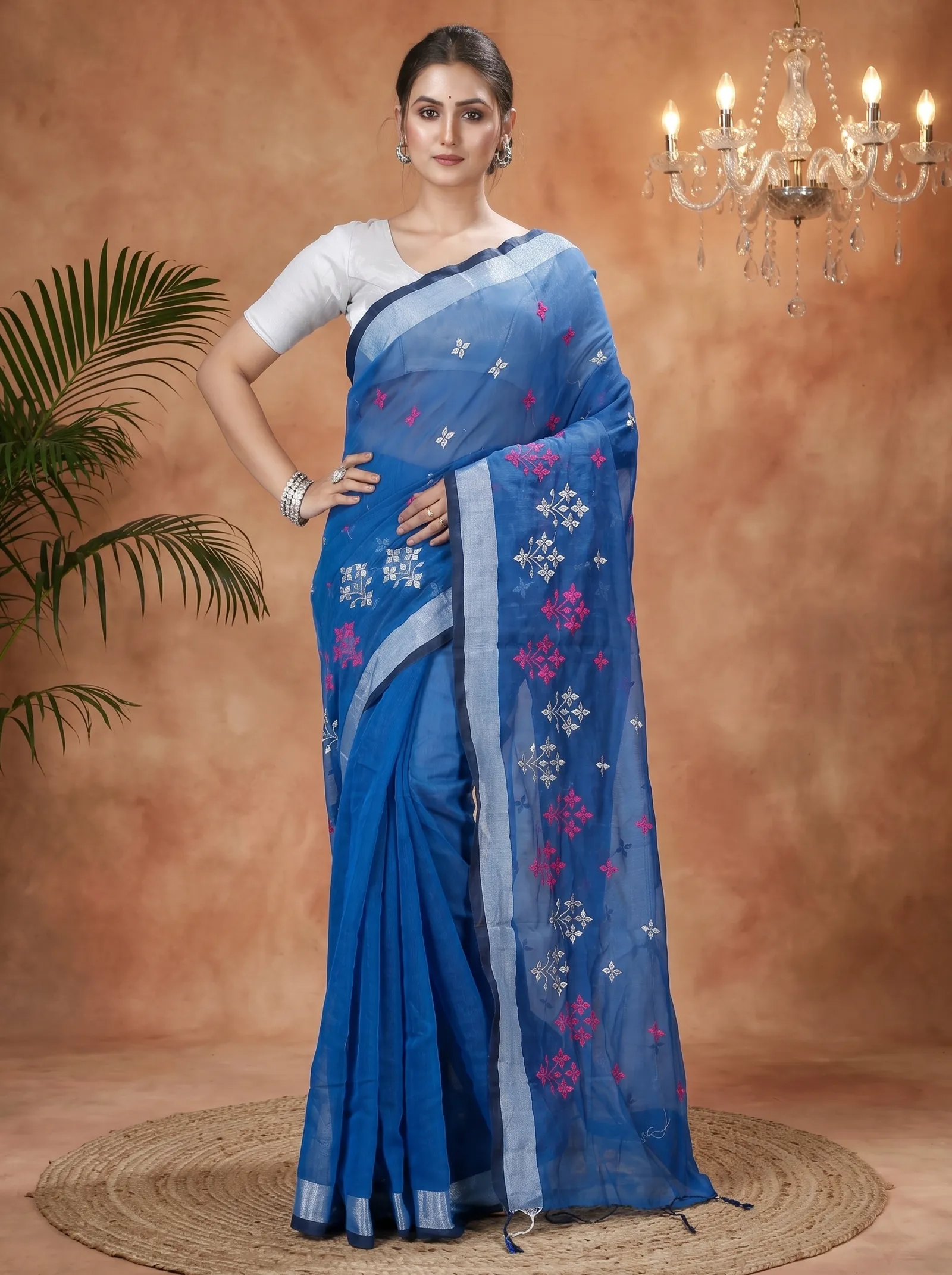 DipDiya Blended Cotton  Traditional Bengali Sky Blue Artisan Crafted Tamasi Handloom Saree