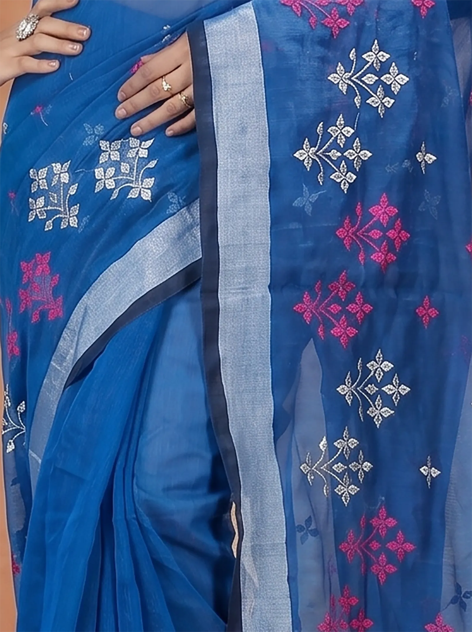 DipDiya Blended Cotton  Traditional Bengali Sky Blue Artisan Crafted Tamasi Handloom Saree