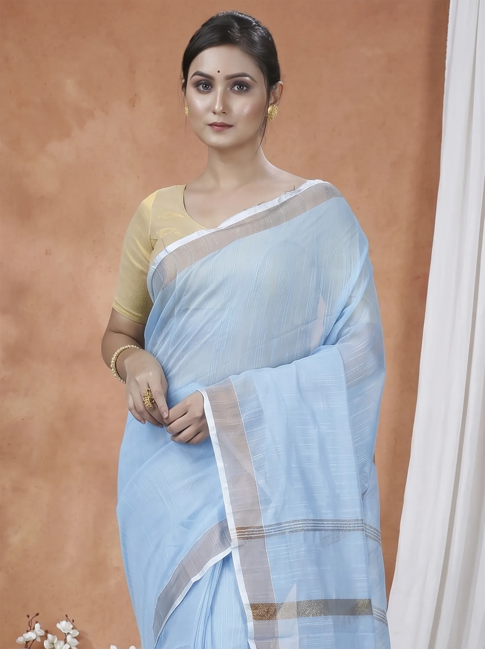 DipDiya Blended Cotton  Traditional Bengali Sky Blue Artisan Crafted Toshini Handloom Saree