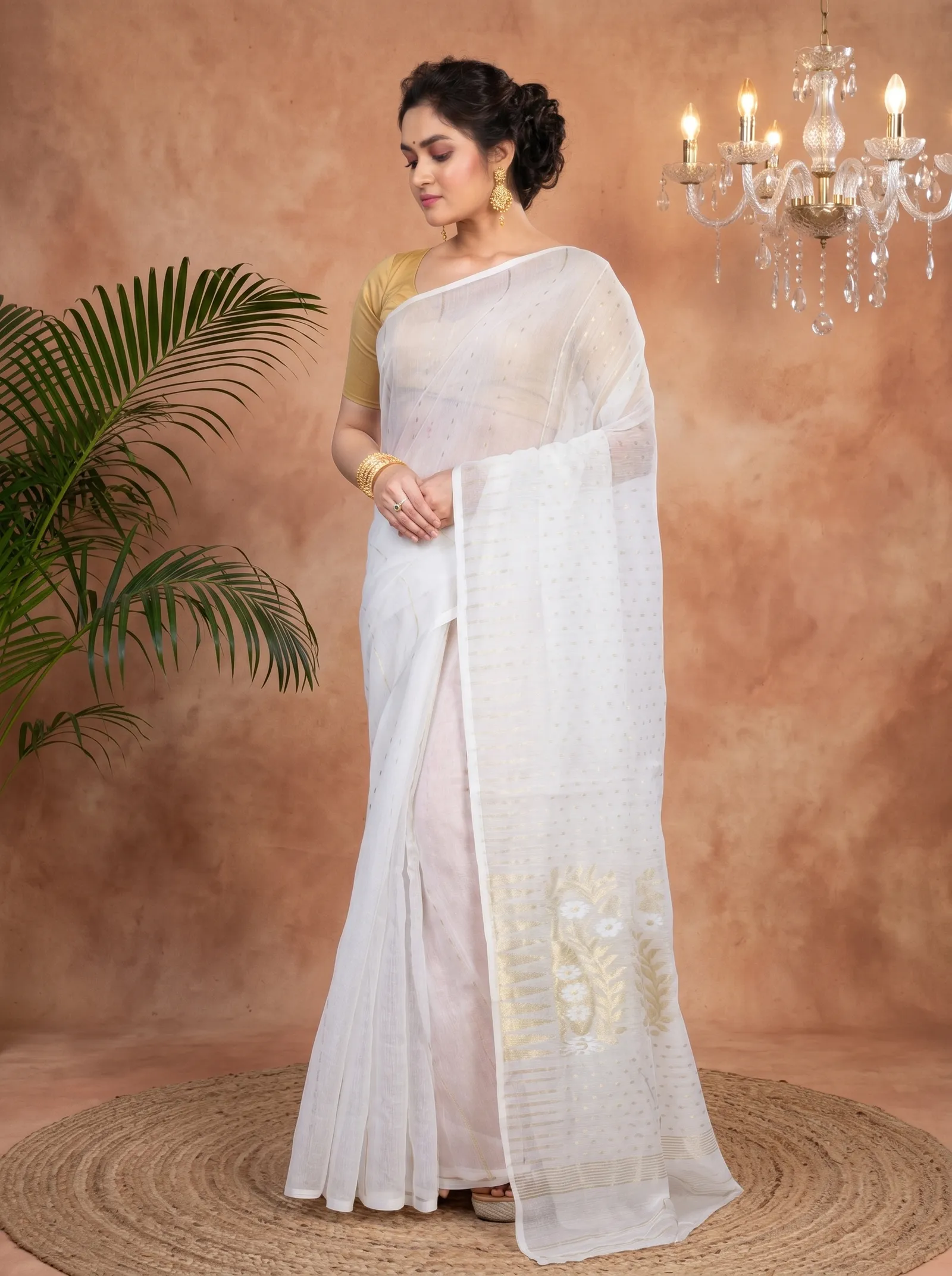 DipDiya Blended Cotton  Traditional Bengali White Artisan Crafted HALF JAMDINE Jamdani Saree