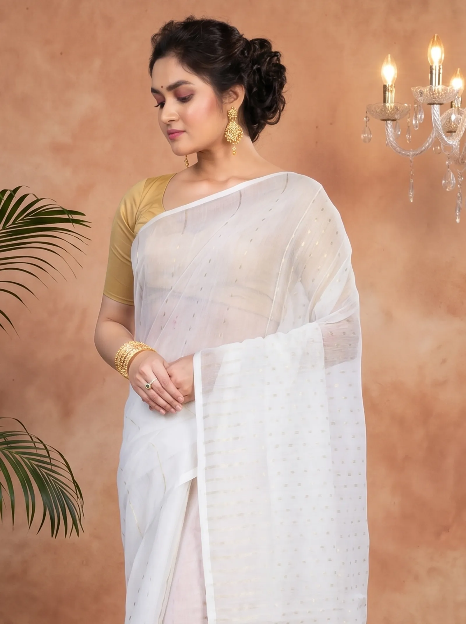 DipDiya Blended Cotton  Traditional Bengali White Artisan Crafted HALF JAMDINE Jamdani Saree