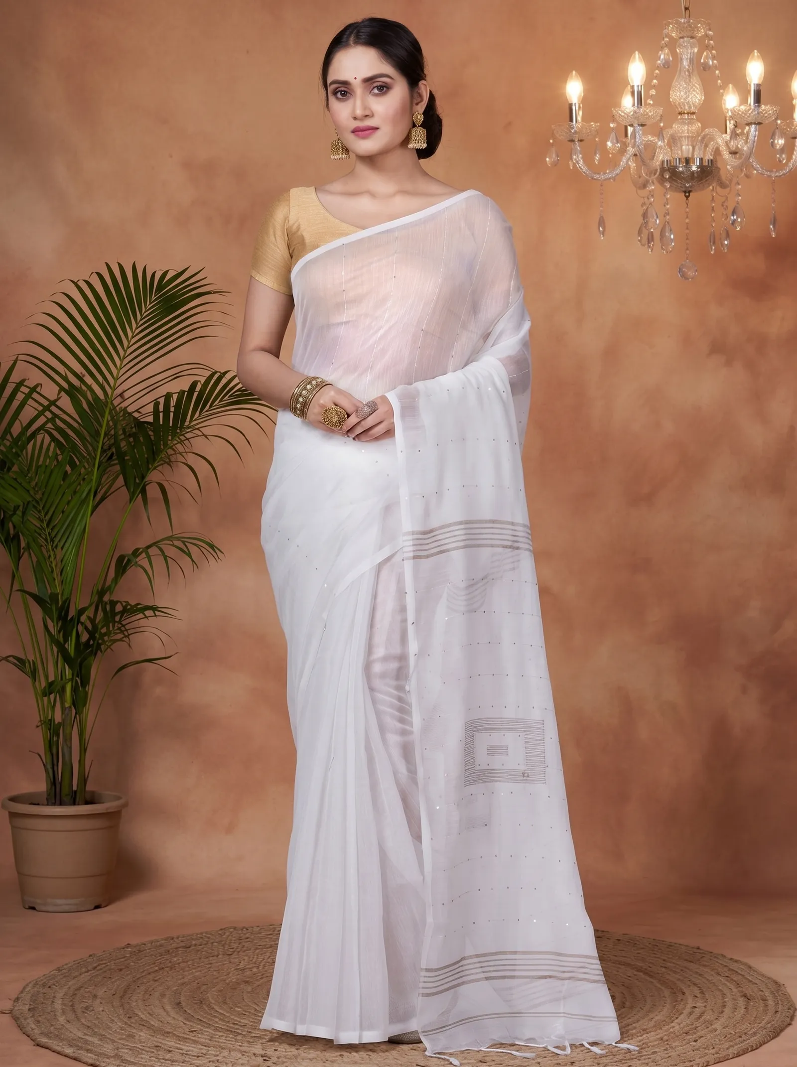 DipDiya Blended Cotton  Traditional Bengali White Artisan Crafted Sequence Handloom Saree