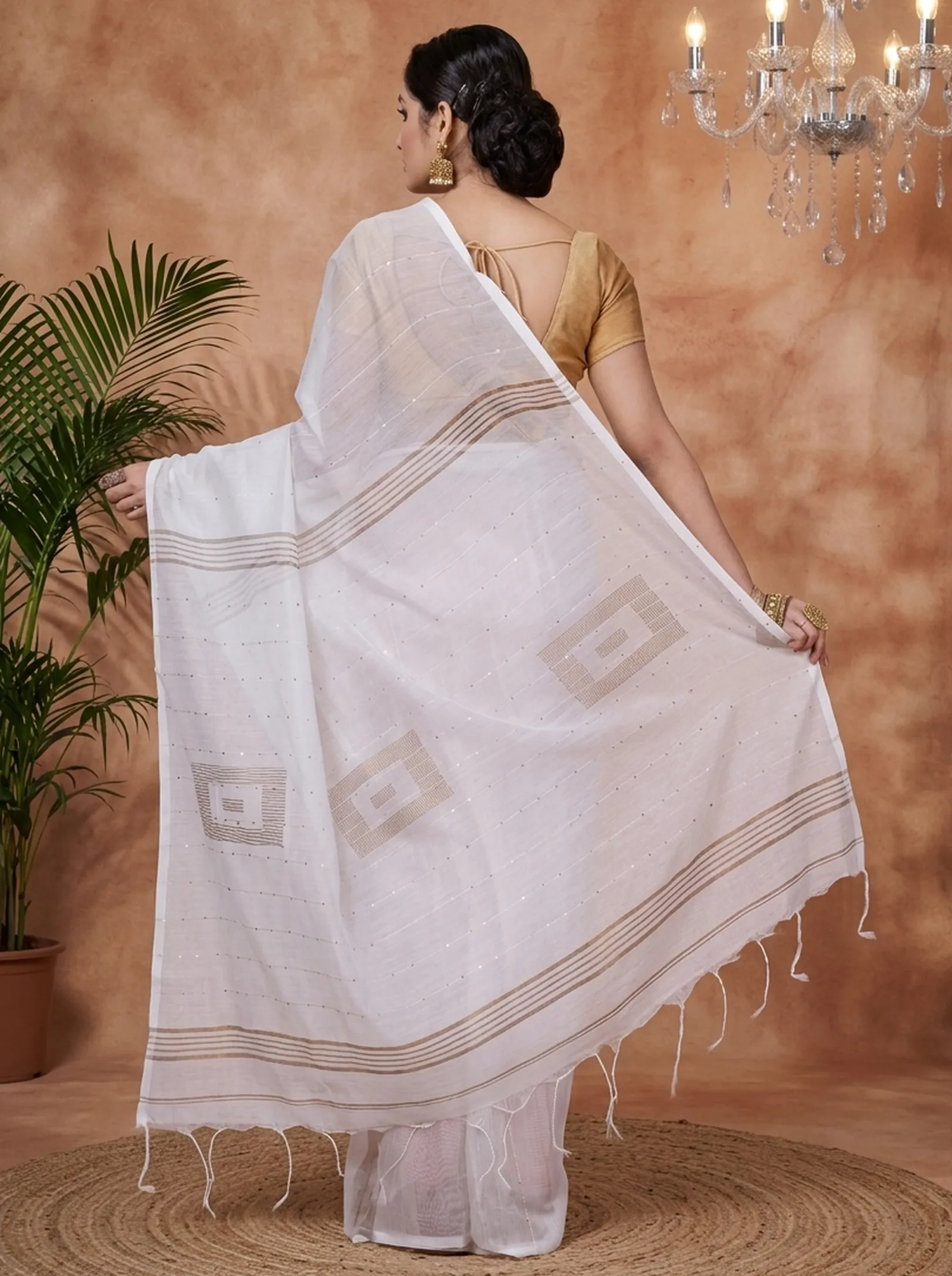 DipDiya Blended Cotton  Traditional Bengali White Artisan Crafted Sequence Handloom Saree