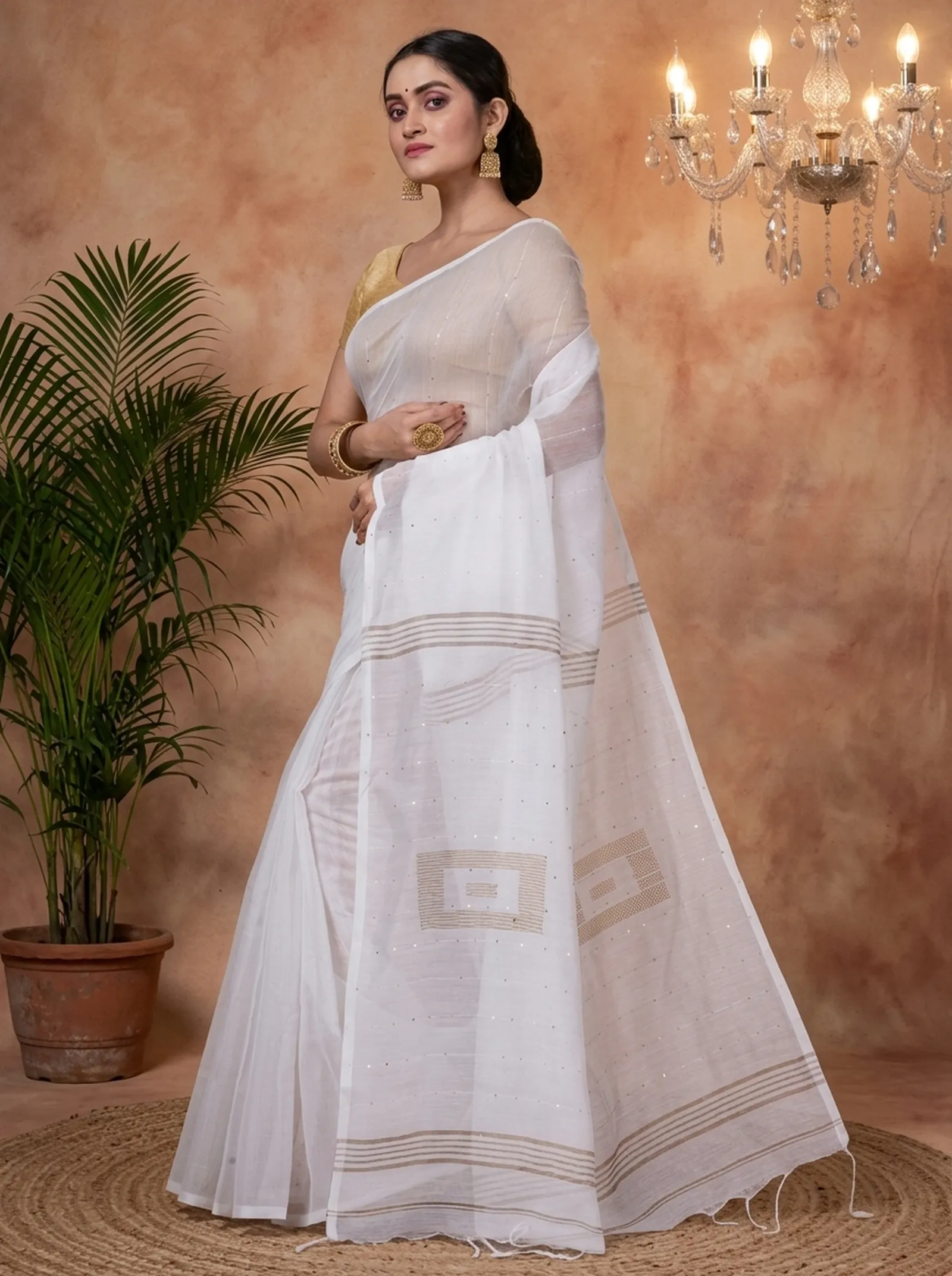 DipDiya Blended Cotton  Traditional Bengali White Artisan Crafted Sequence Handloom Saree