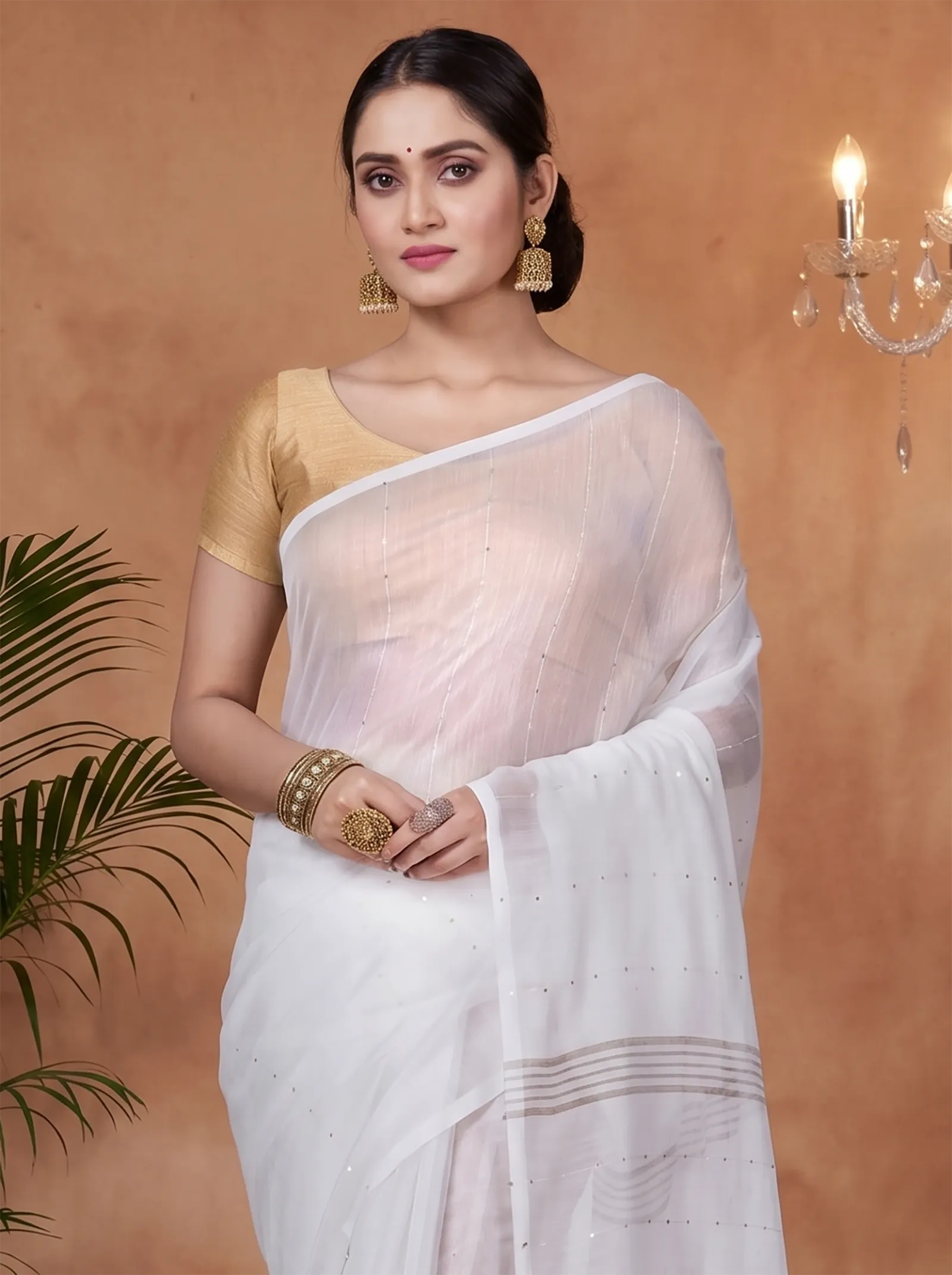 DipDiya Blended Cotton  Traditional Bengali White Artisan Crafted Sequence Handloom Saree