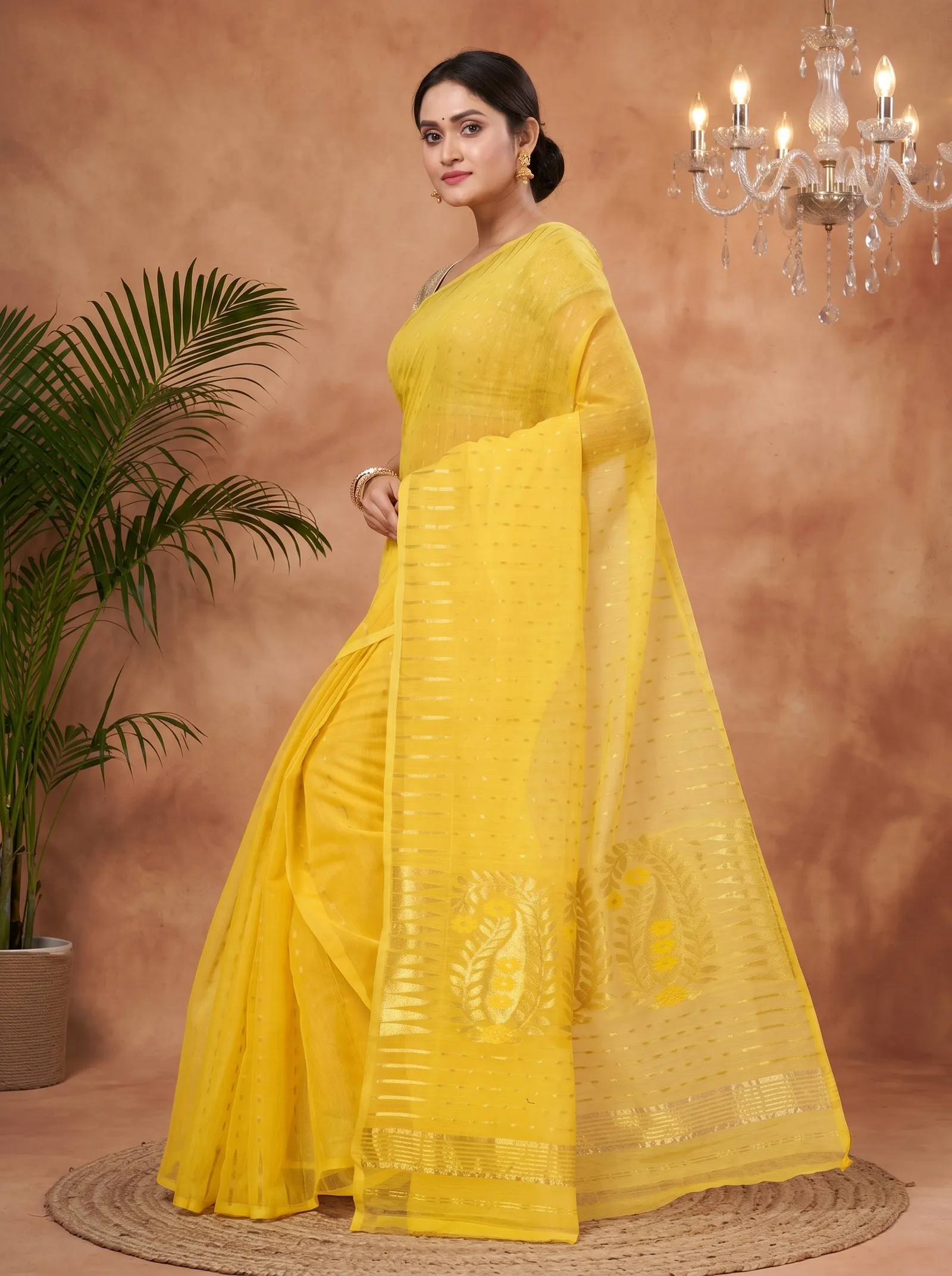 DipDiya Blended Cotton  Traditional Bengali Yellow Artisan Crafted HALF JAMDINE Jamdani Saree
