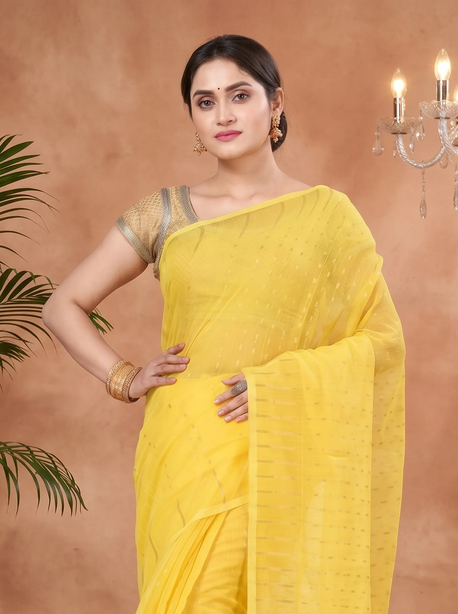 DipDiya Blended Cotton  Traditional Bengali Yellow Artisan Crafted HALF JAMDINE Jamdani Saree