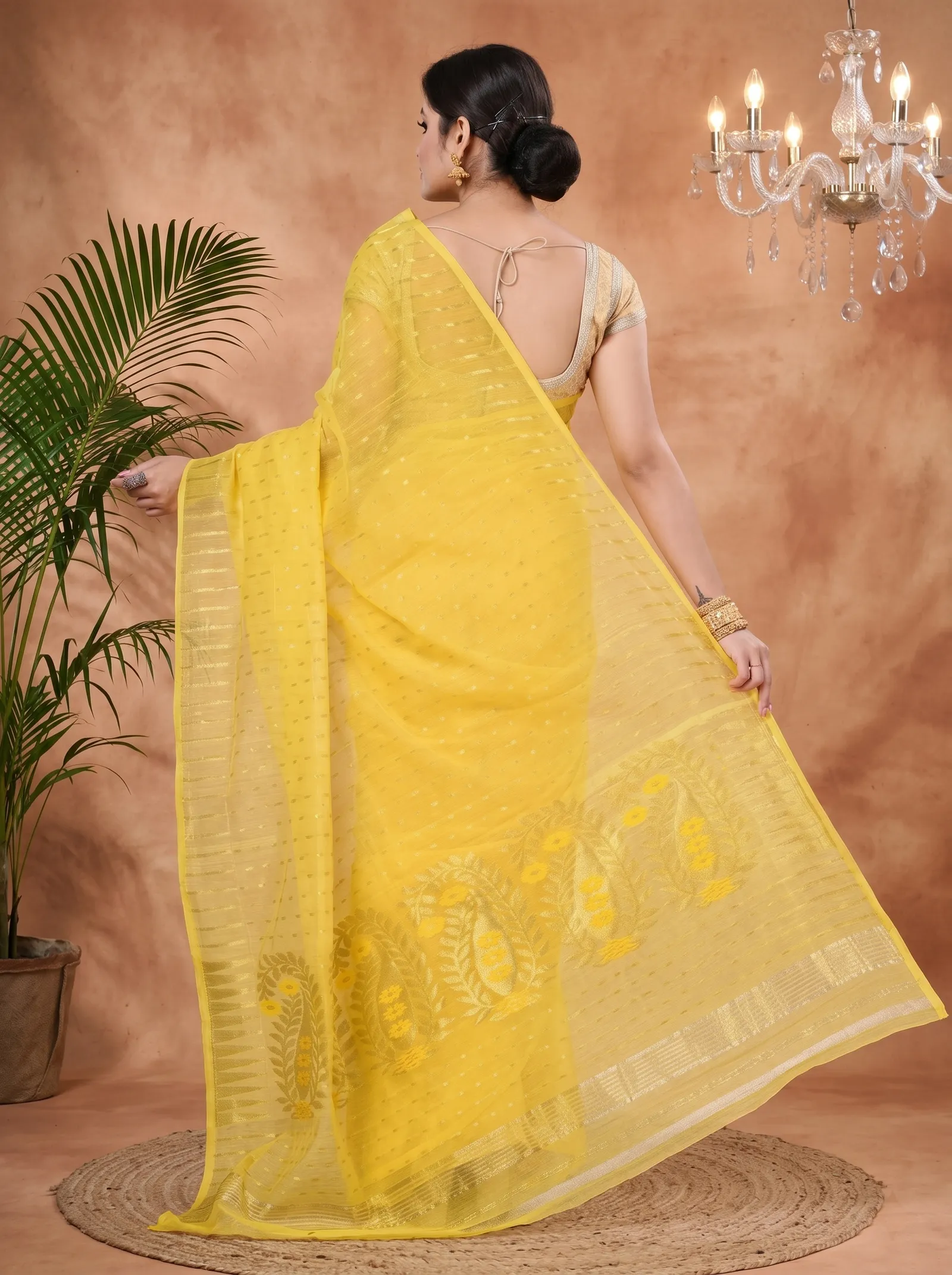 DipDiya Blended Cotton  Traditional Bengali Yellow Artisan Crafted HALF JAMDINE Jamdani Saree