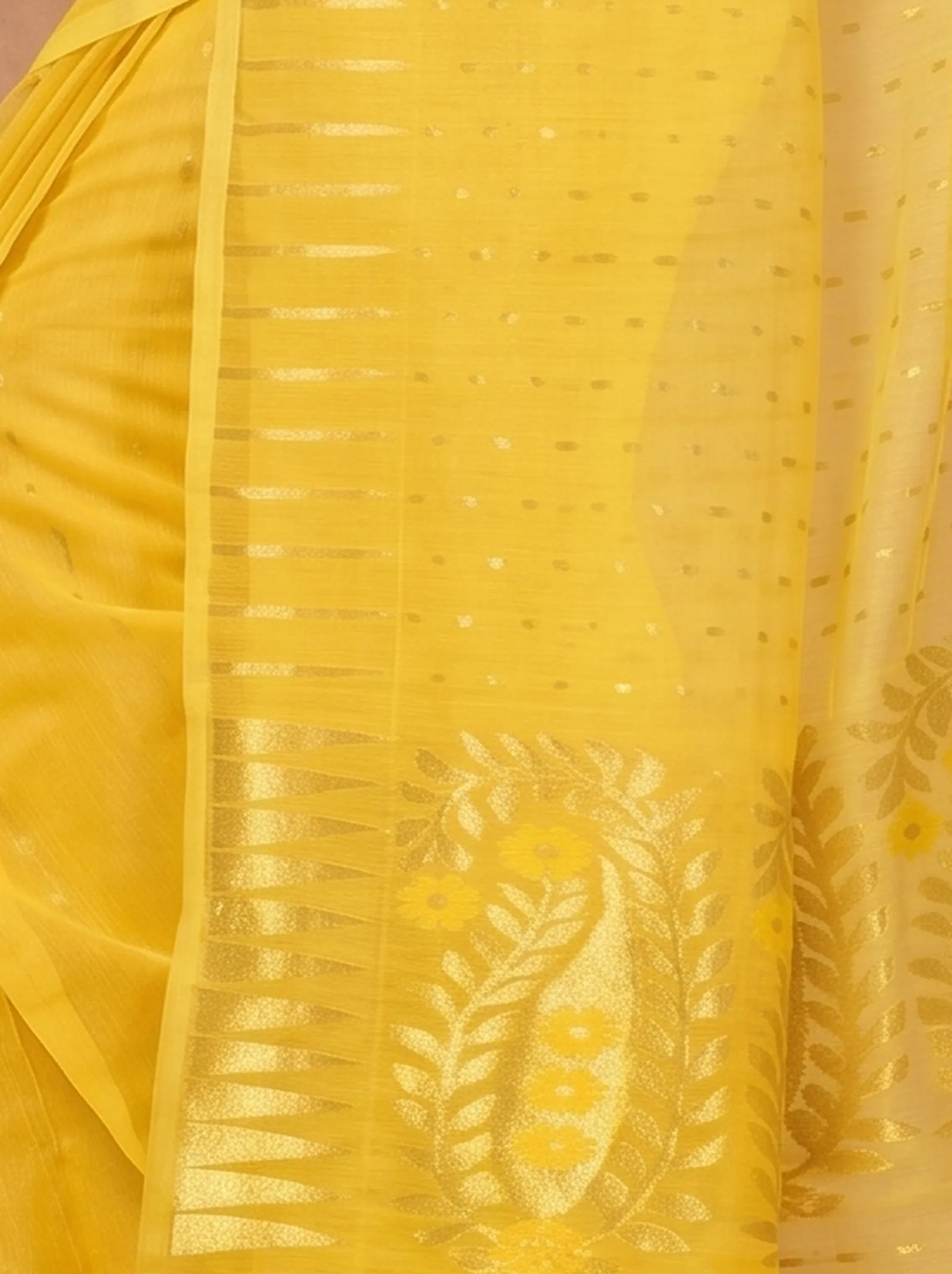 DipDiya Blended Cotton  Traditional Bengali Yellow Artisan Crafted HALF JAMDINE Jamdani Saree