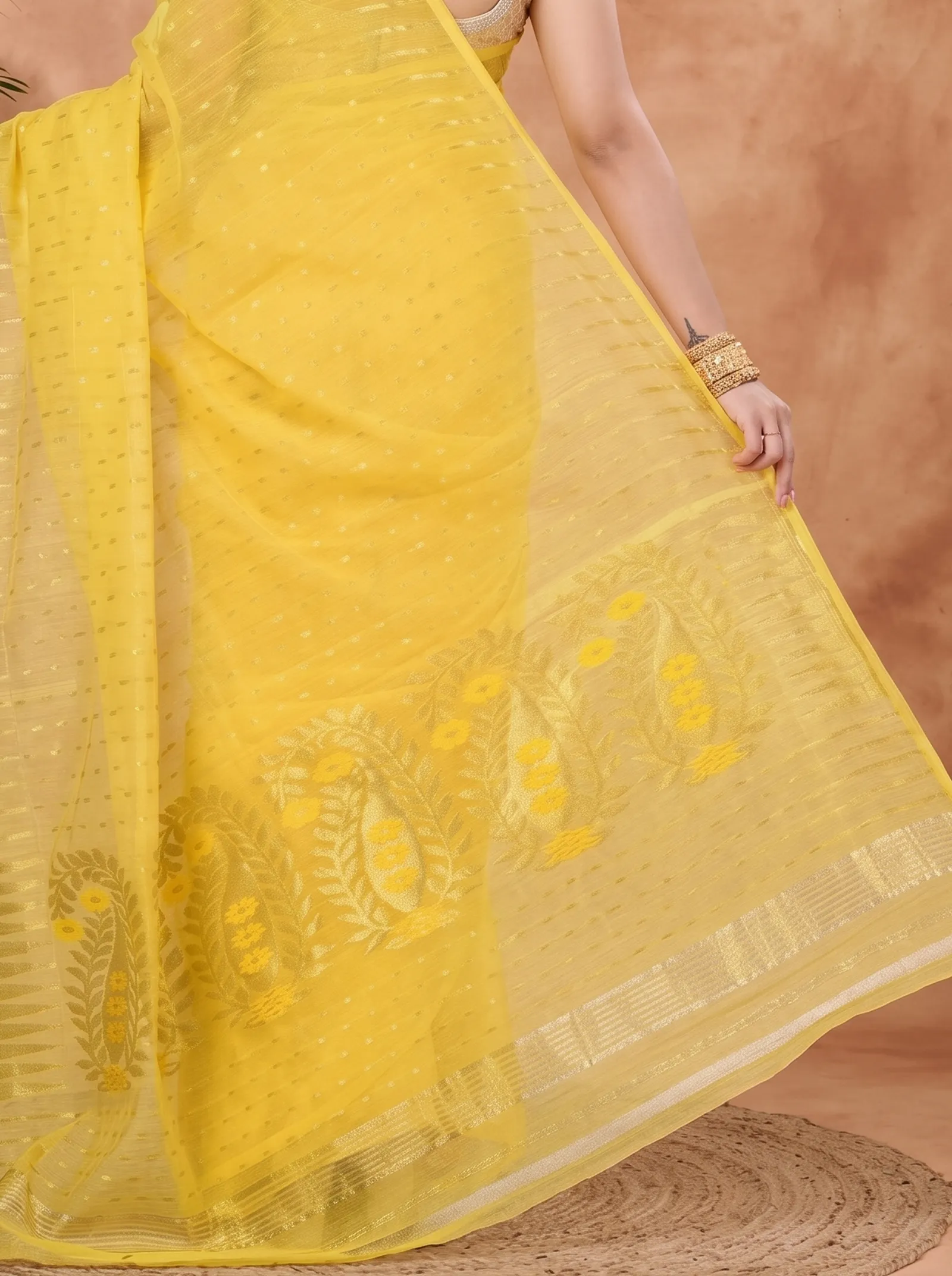 DipDiya Blended Cotton  Traditional Bengali Yellow Artisan Crafted HALF JAMDINE Jamdani Saree