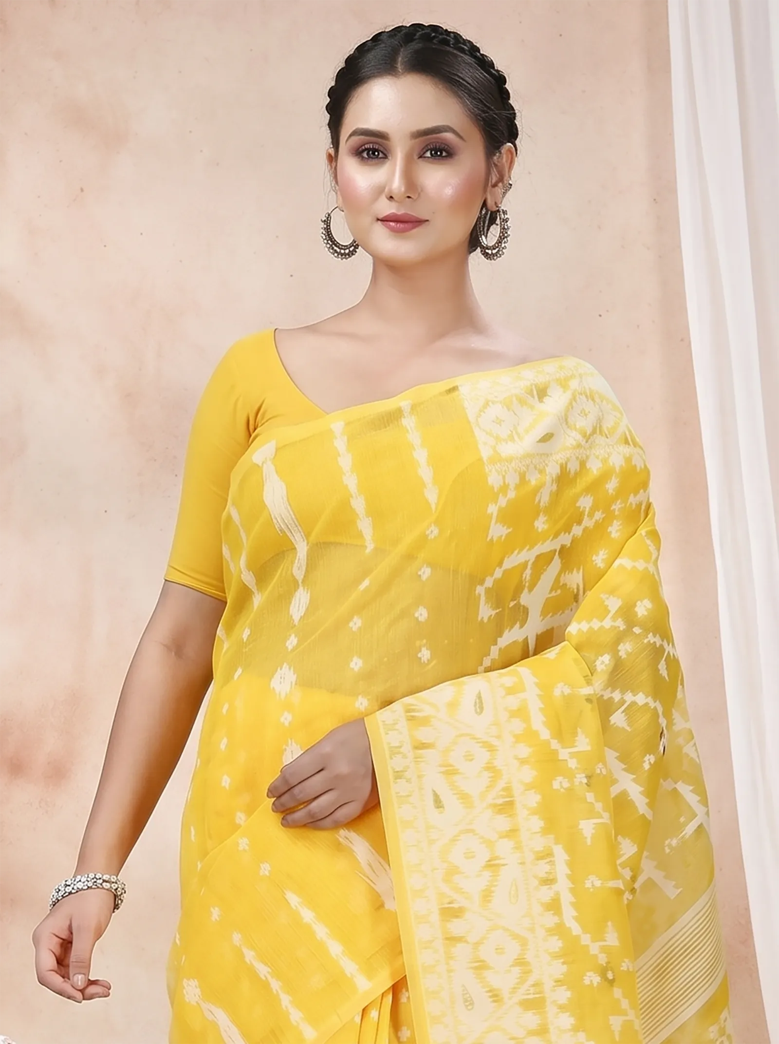 DipDiya Blended Cotton  Traditional Bengali Yellow Artisan Crafted Jaya Jamdani Saree