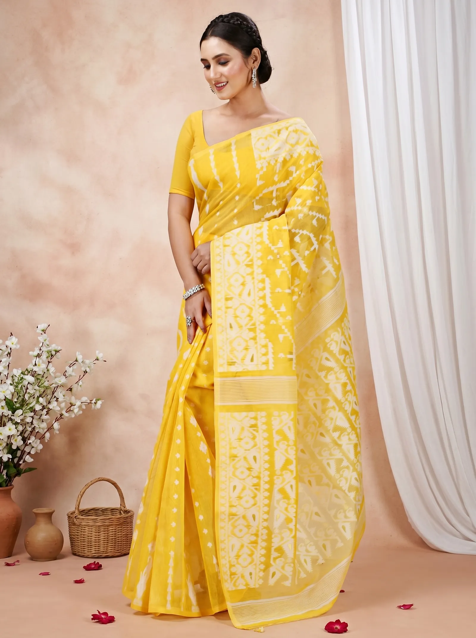 DipDiya Blended Cotton  Traditional Bengali Yellow Artisan Crafted Jaya Jamdani Saree