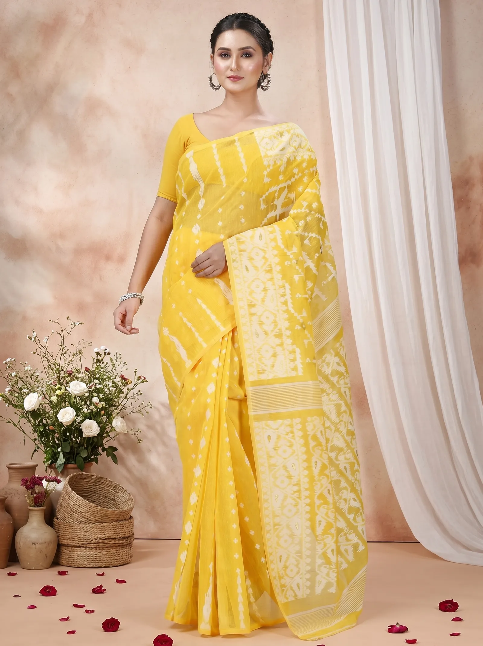 DipDiya Blended Cotton  Traditional Bengali Yellow Artisan Crafted Jaya Jamdani Saree
