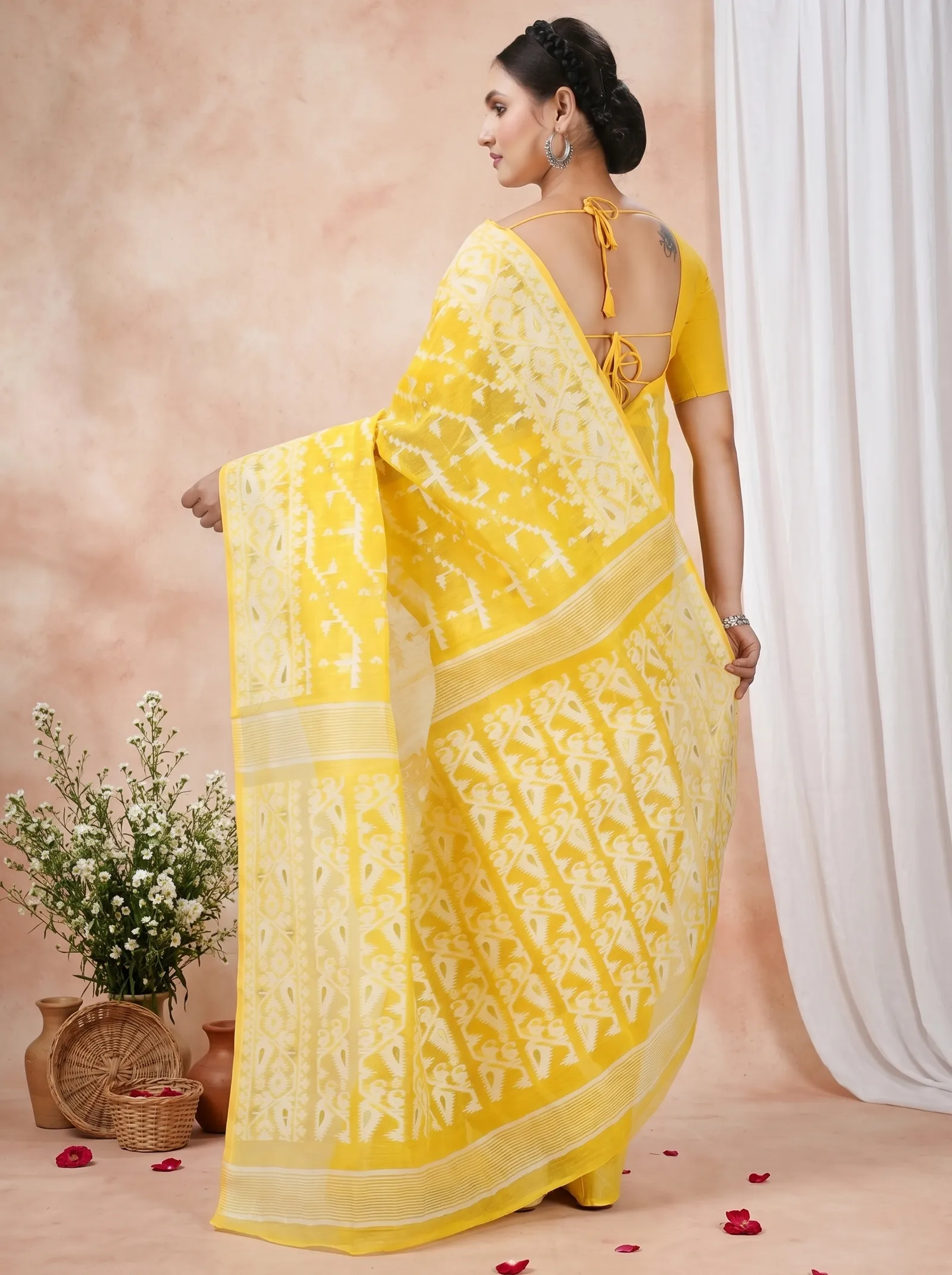 DipDiya Blended Cotton  Traditional Bengali Yellow Artisan Crafted Jaya Jamdani Saree