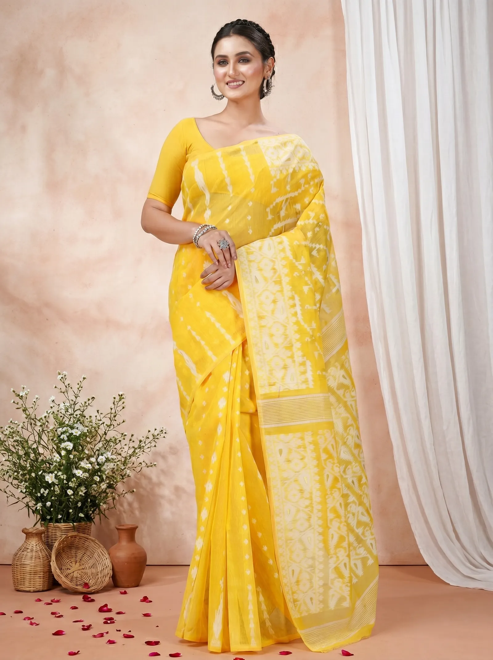 DipDiya Blended Cotton  Traditional Bengali Yellow Artisan Crafted Jaya Jamdani Saree