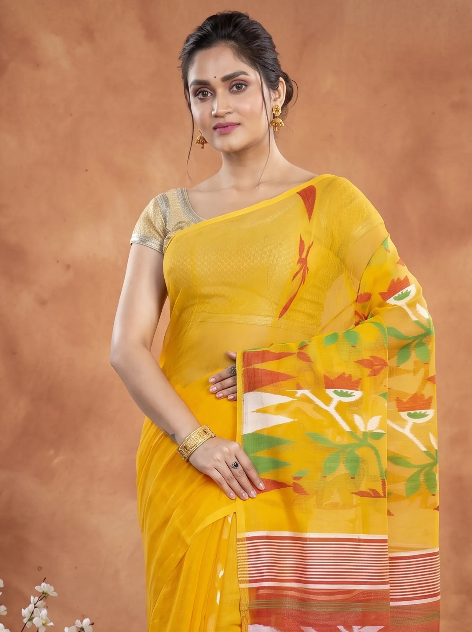 DipDiya Blended Cotton  Traditional Bengali Yellow Artisan Crafted Moha Jamdani Jamdani Saree