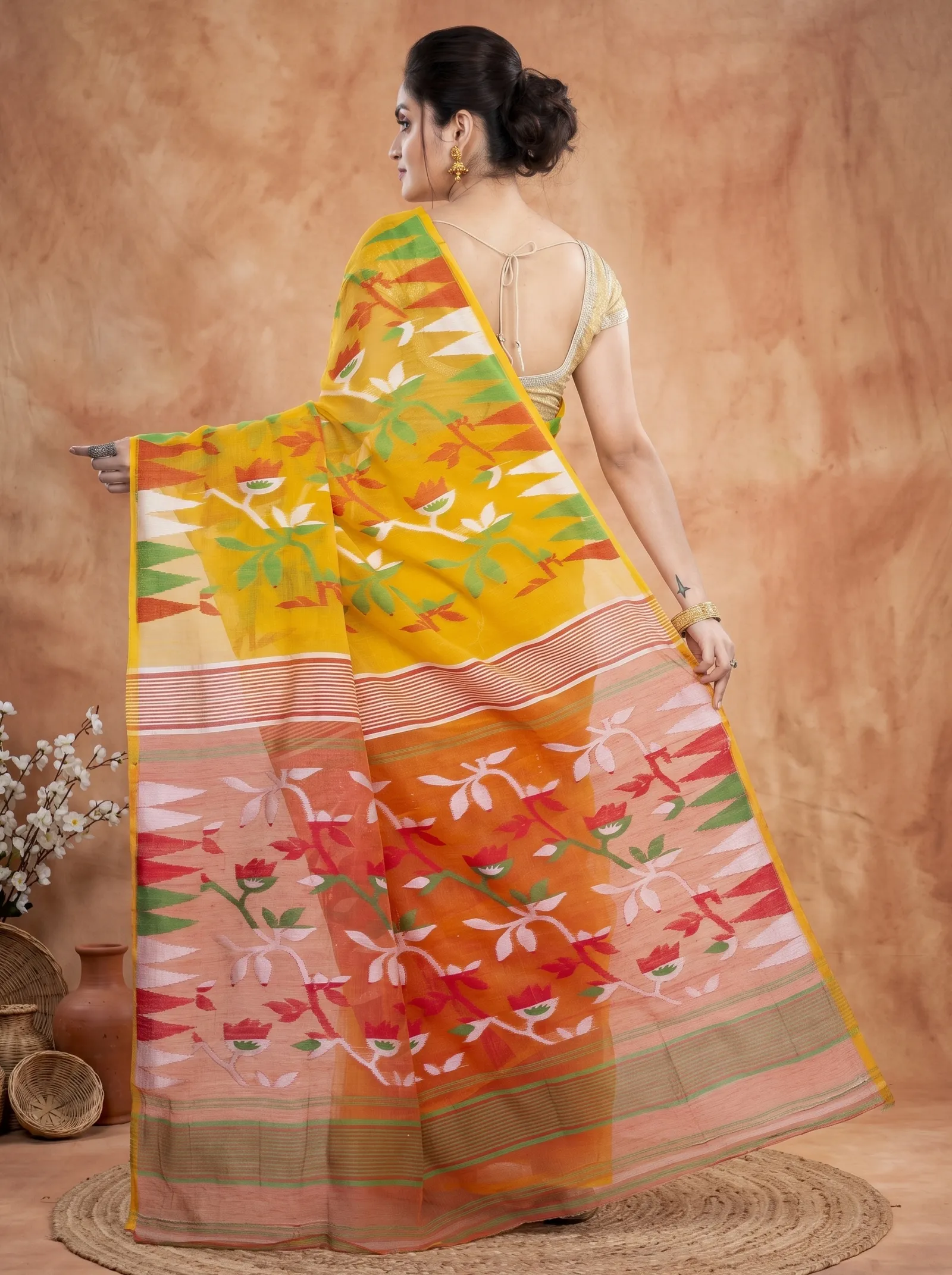DipDiya Blended Cotton  Traditional Bengali Yellow Artisan Crafted Moha Jamdani Jamdani Saree