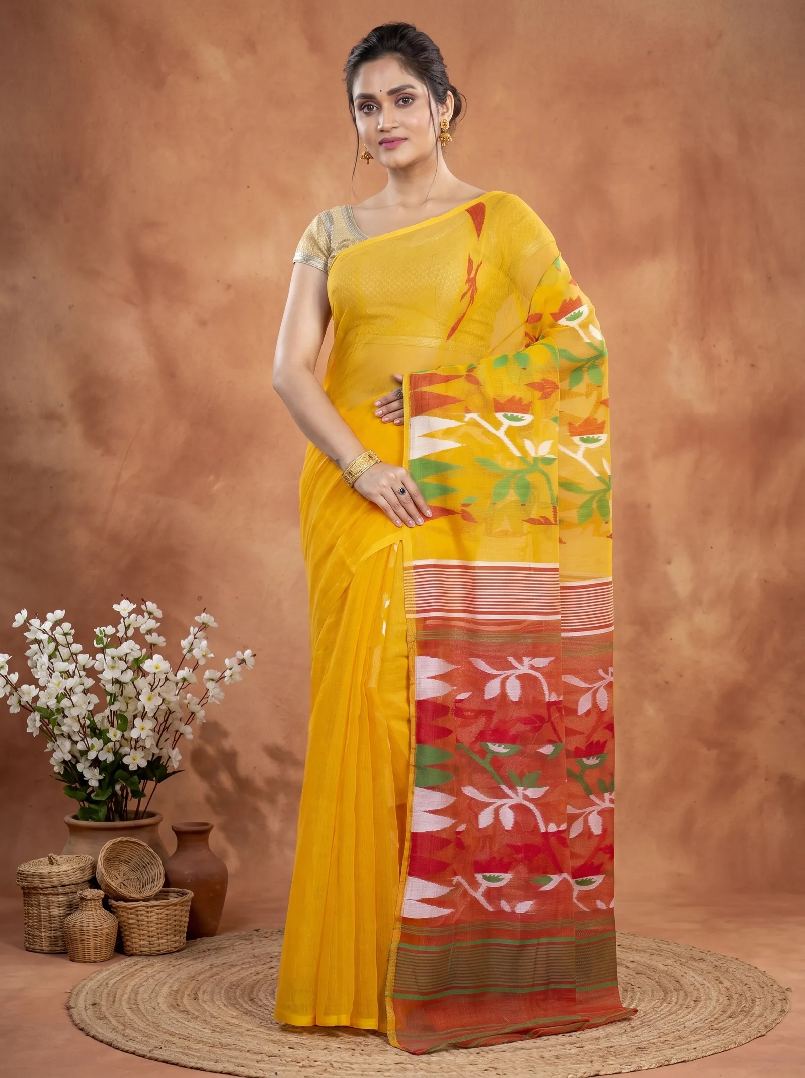 DipDiya Blended Cotton  Traditional Bengali Yellow Artisan Crafted Moha Jamdani Jamdani Saree