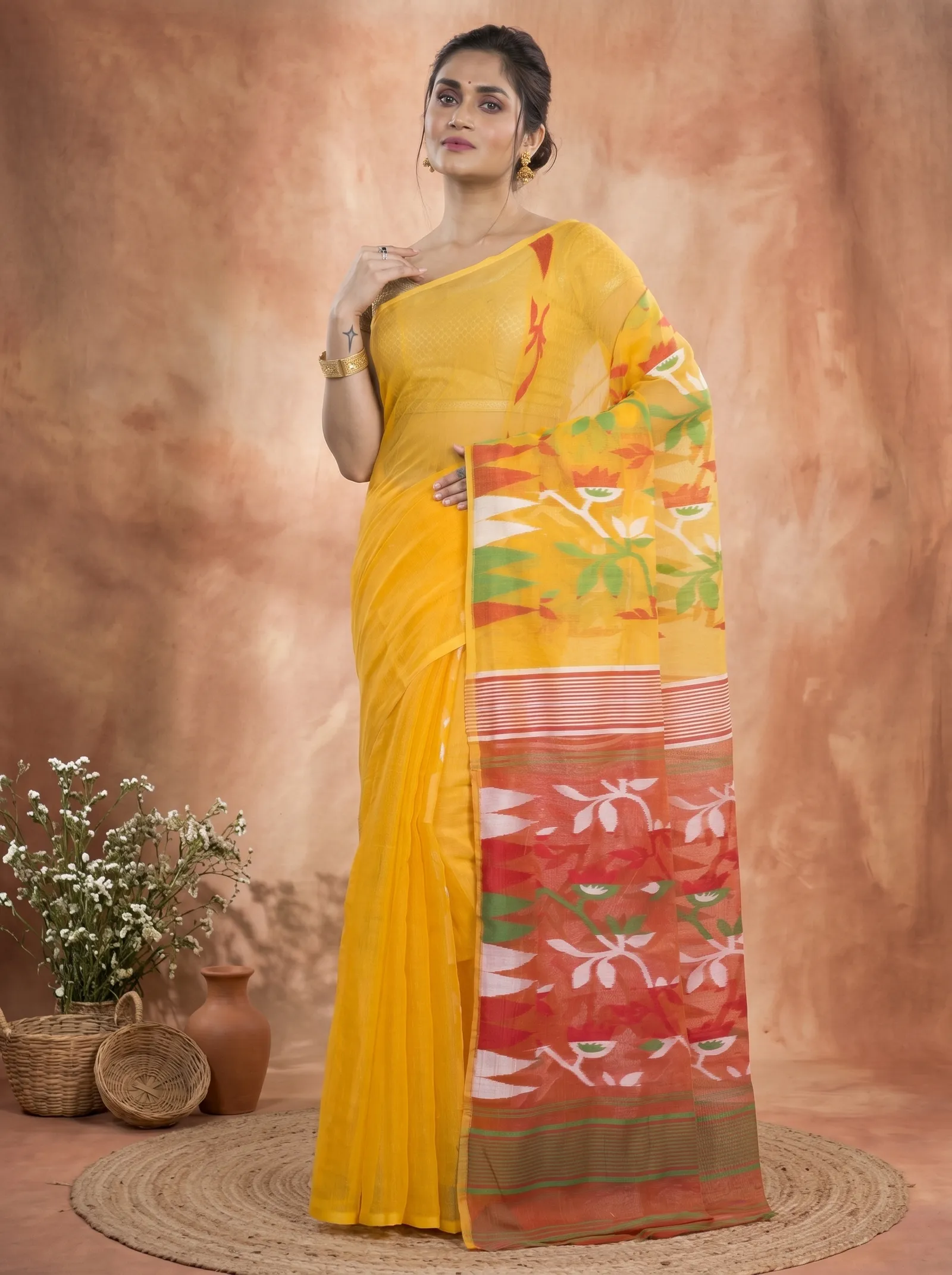 DipDiya Blended Cotton  Traditional Bengali Yellow Artisan Crafted Moha Jamdani Jamdani Saree