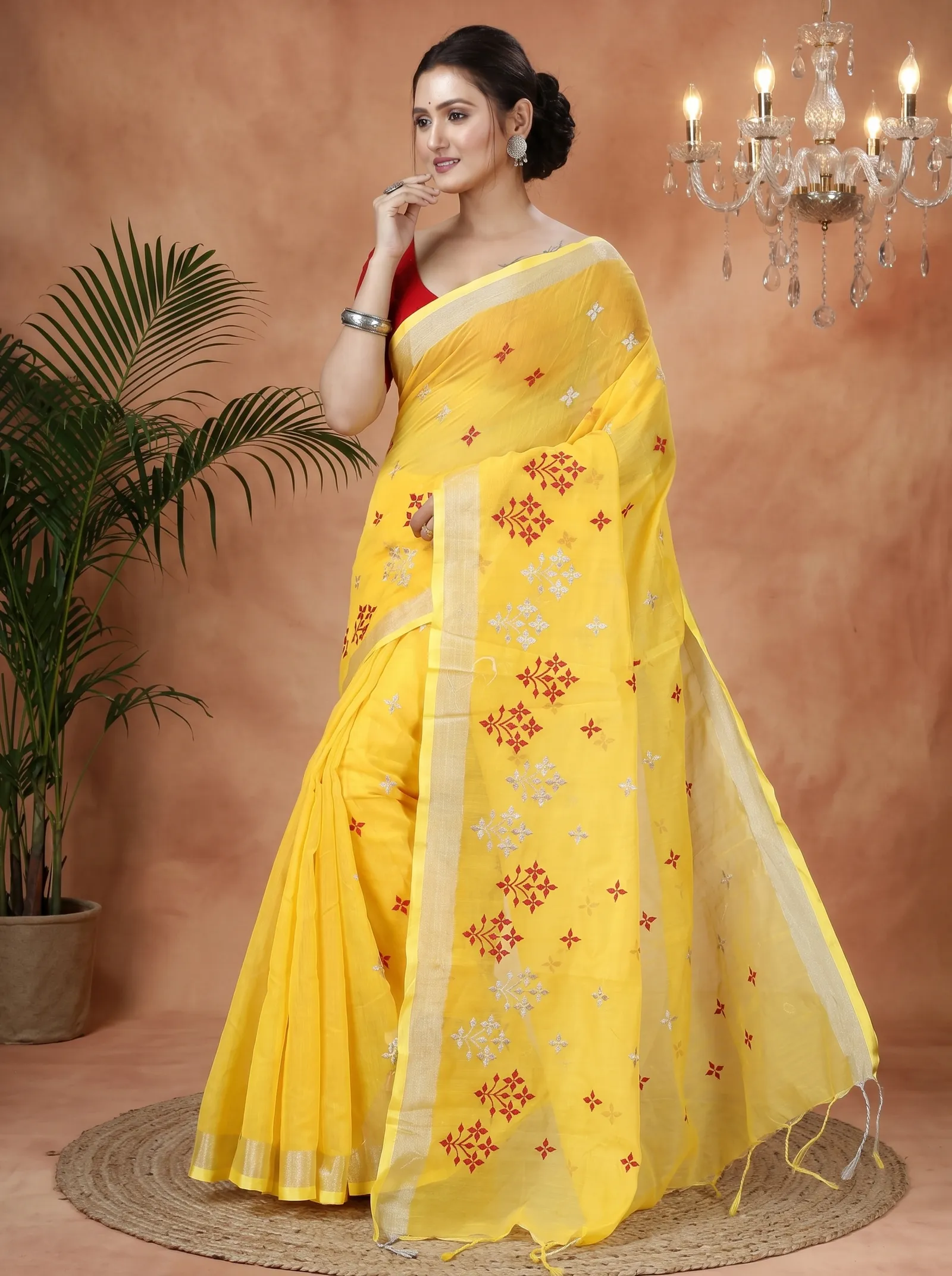 DipDiya Blended Cotton  Traditional Bengali Yellow Artisan Crafted Tamasi Handloom Saree