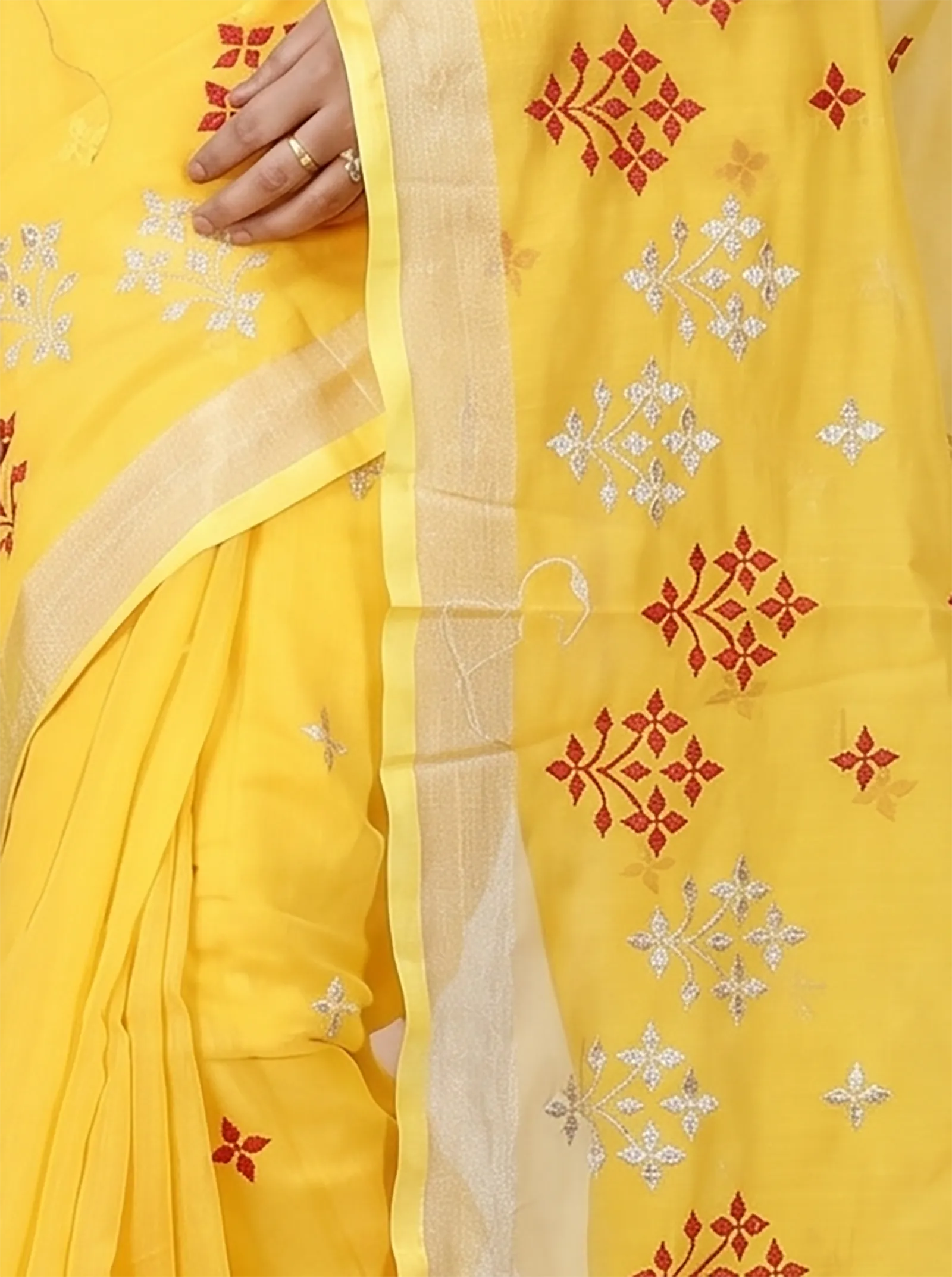 DipDiya Blended Cotton  Traditional Bengali Yellow Artisan Crafted Tamasi Handloom Saree