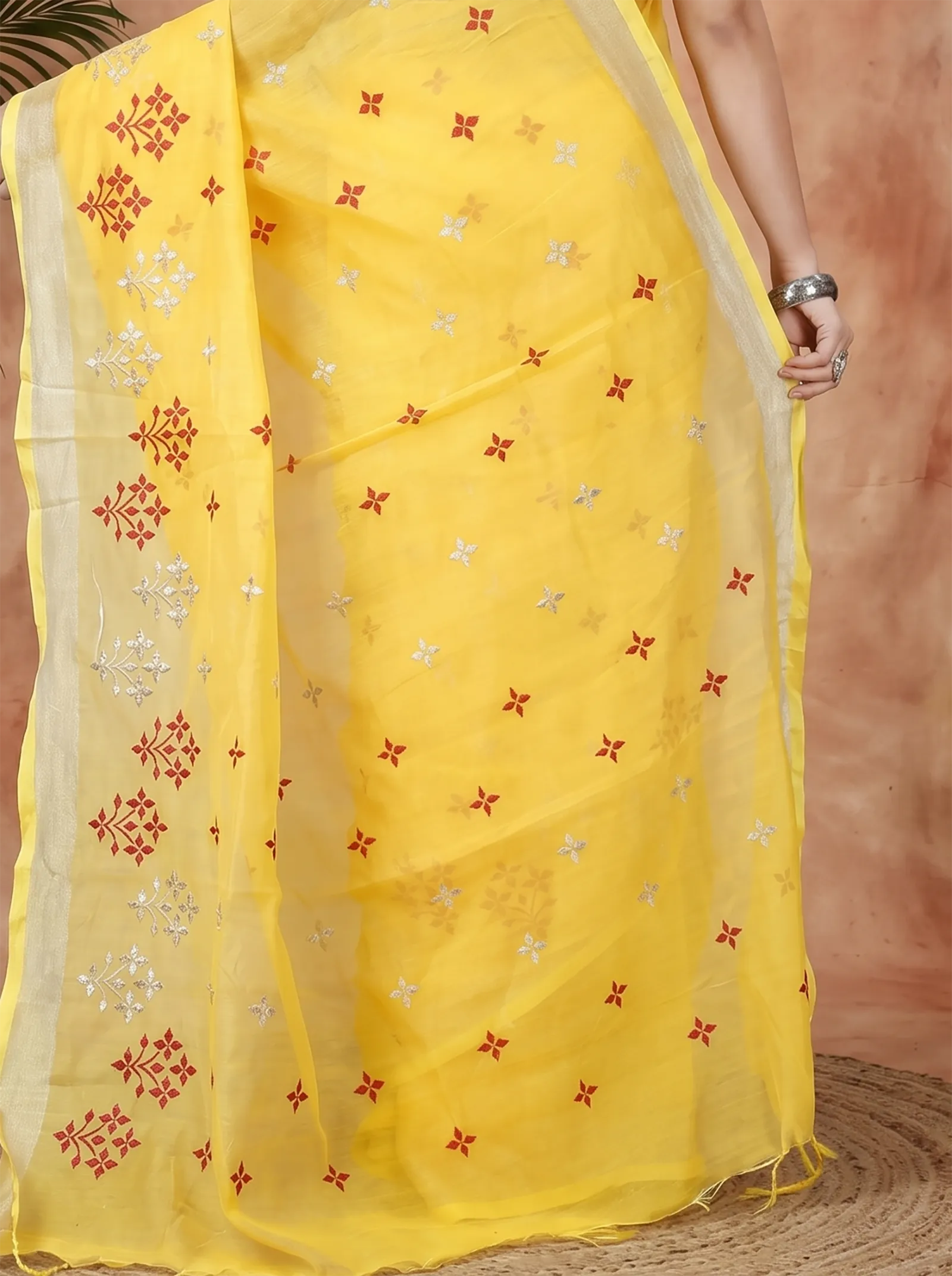 DipDiya Blended Cotton  Traditional Bengali Yellow Artisan Crafted Tamasi Handloom Saree